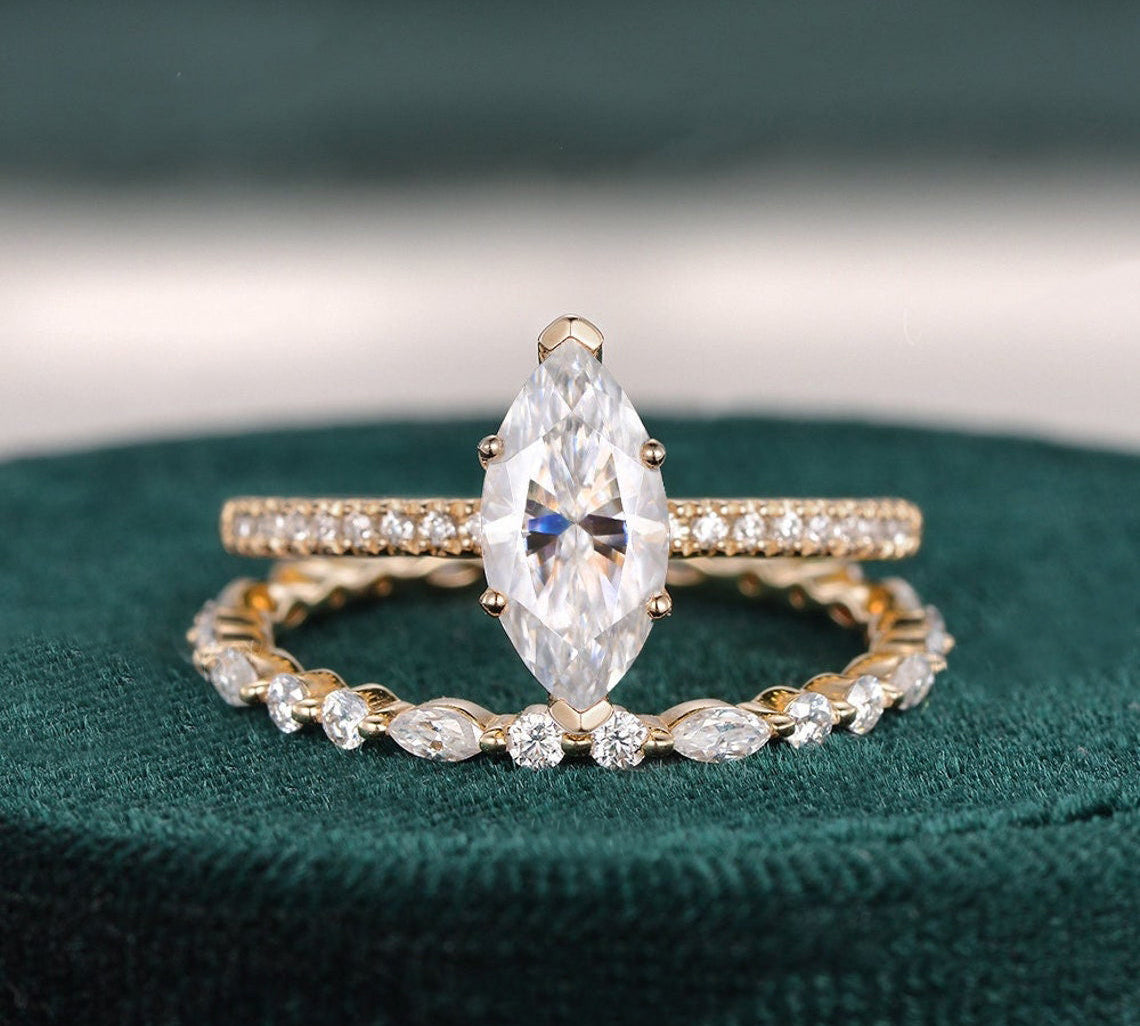 1.0 CT Marquise Cut Solitaire Pave Moissanite Bridal Ring Set 1