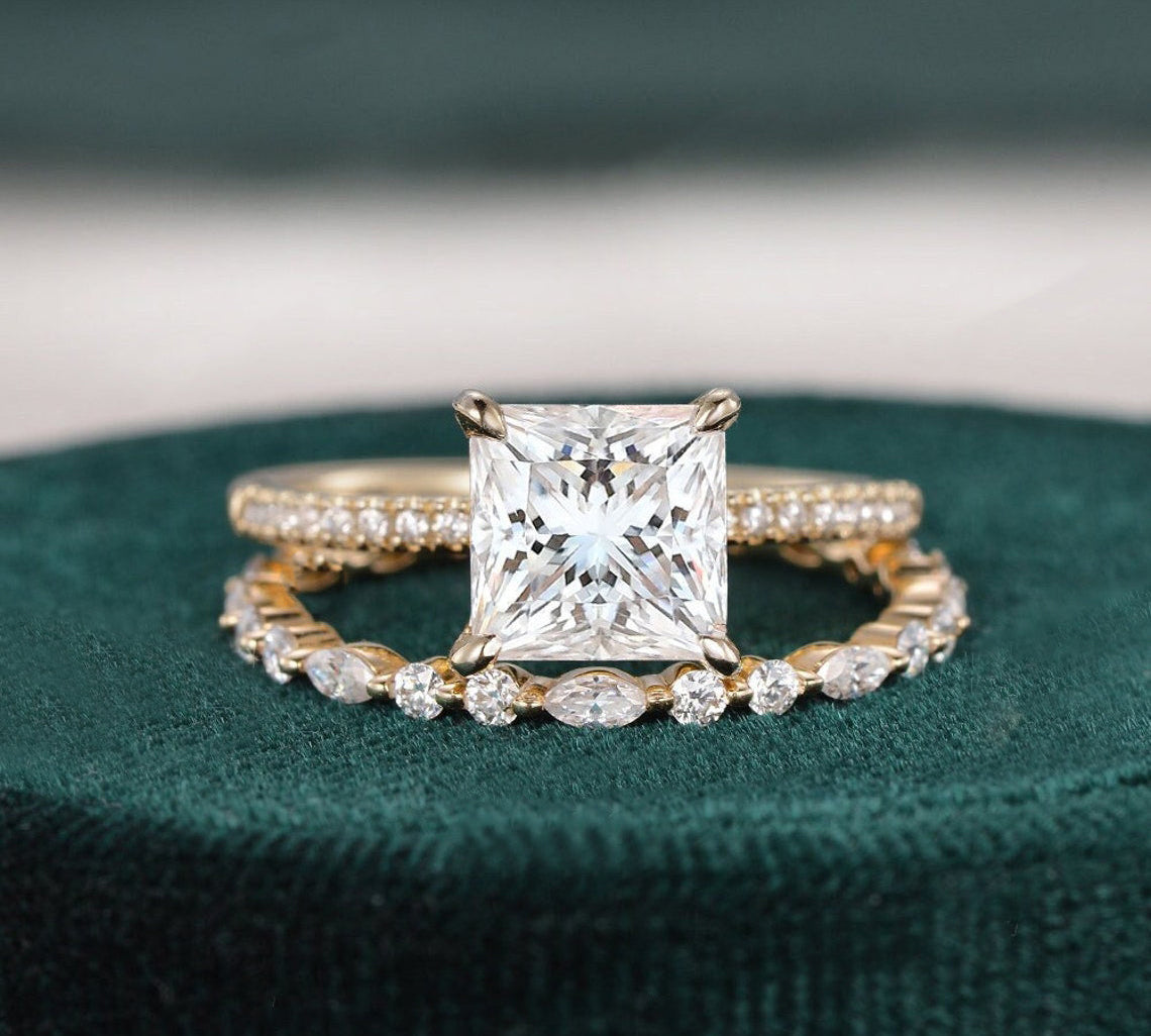 2.0 CT Princess Cut Solitaire Moissanite Bridal Ring Set 1