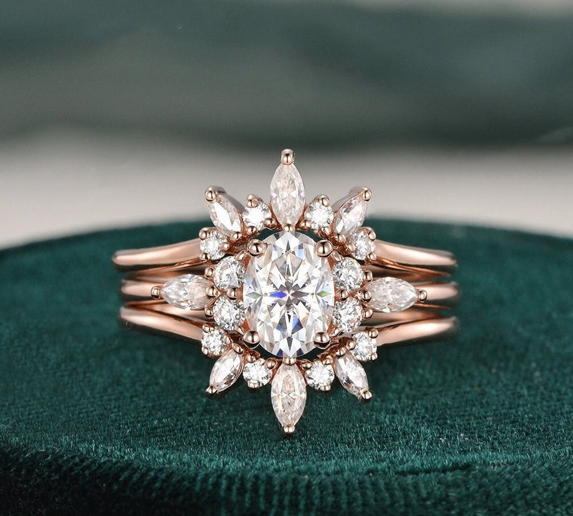 1.0 CT Oval Cut Cluster Moissanite Bridal Ring Set 1