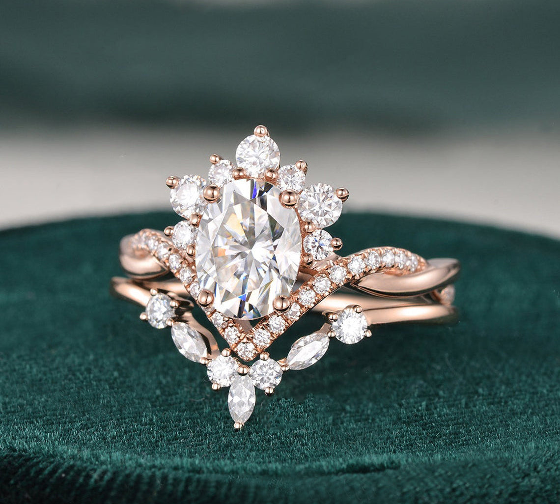 1.50 CT Oval Cut Art Deco Moissanite Bridal Ring Set 1