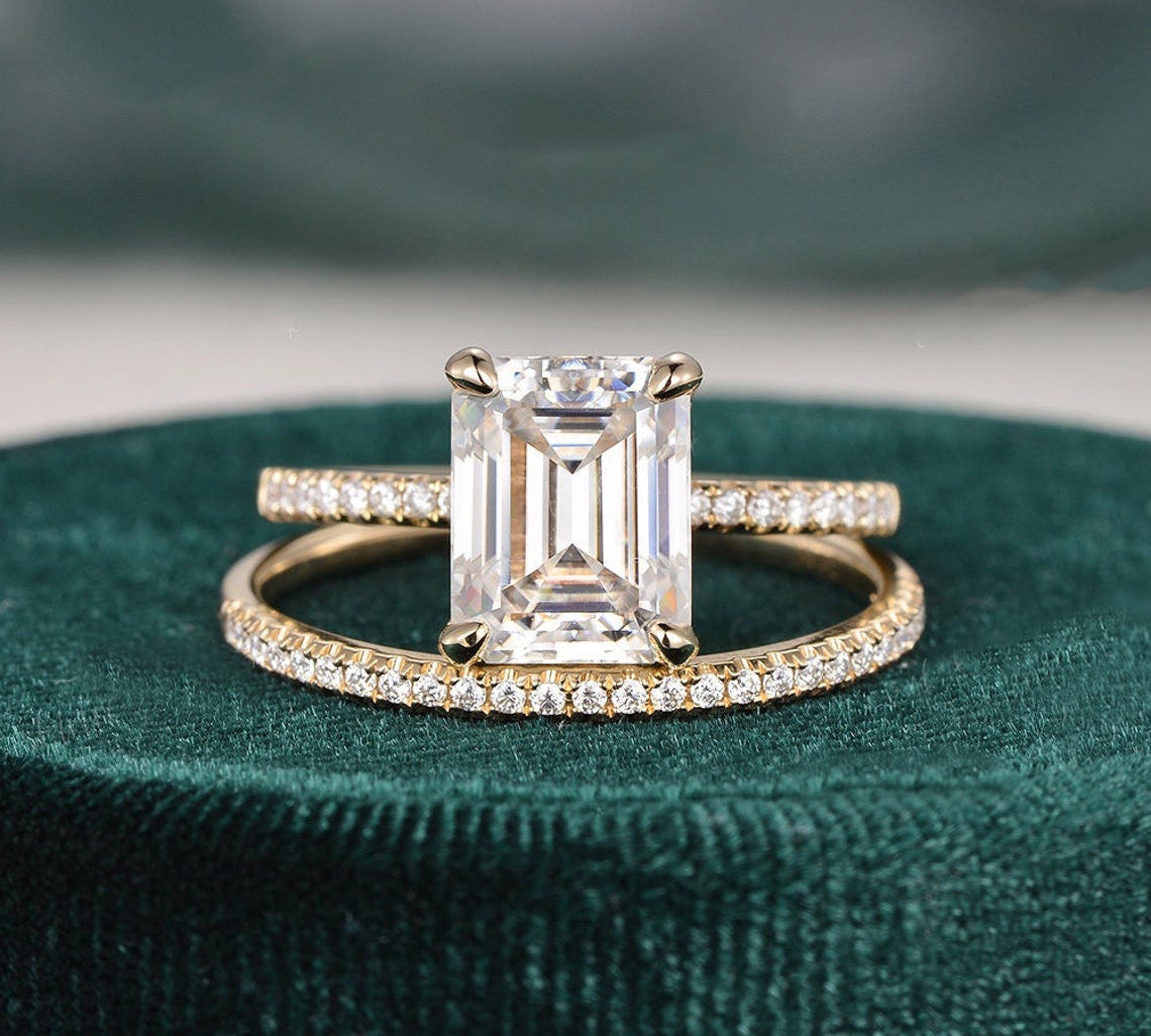 1.50 CT Emerald Cut Hidden Halo Moissanite Bridal Ring Set 1