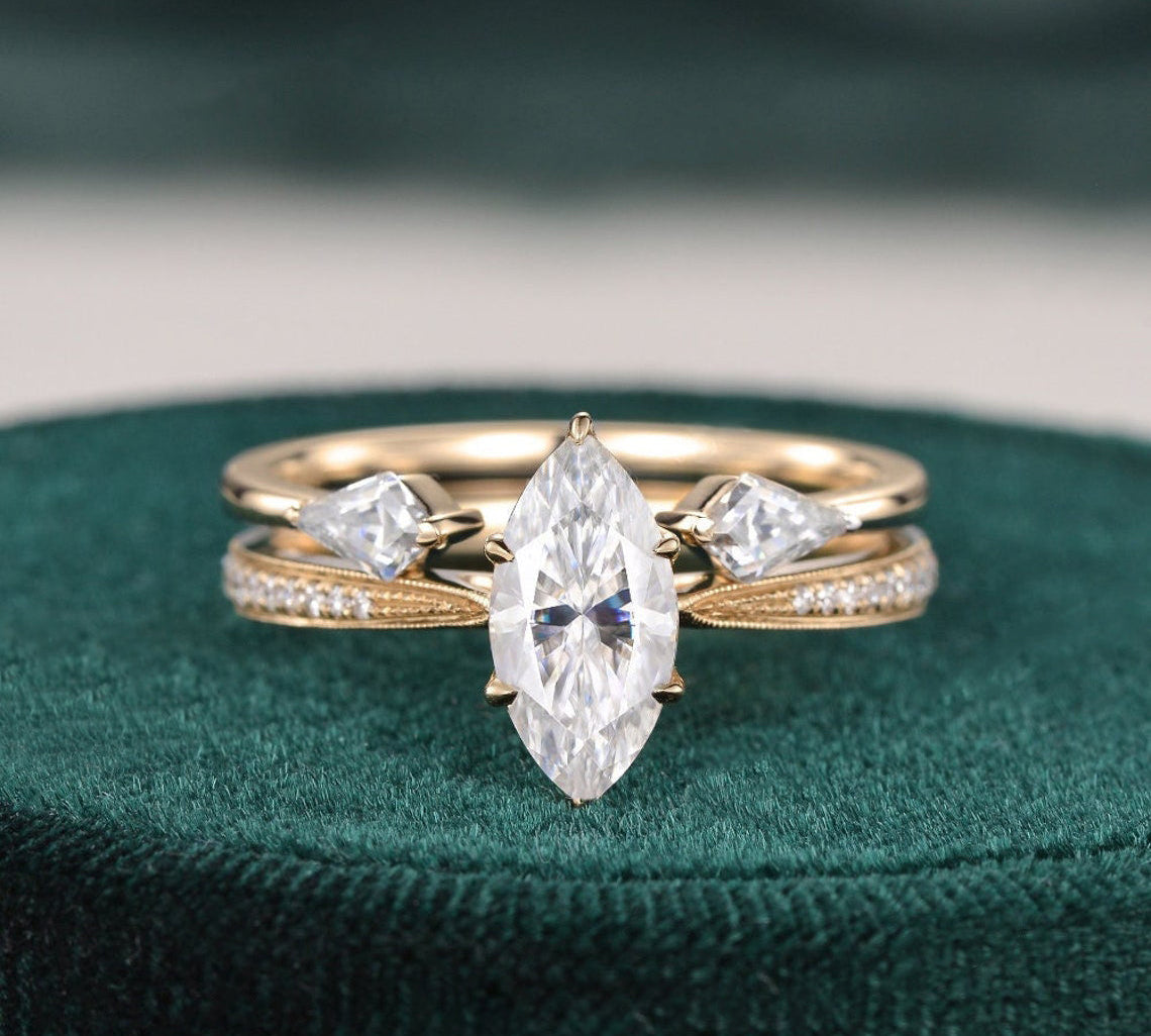1.0 CT Marquise Cut Pave Moissanite Bridal Ring Set 1
