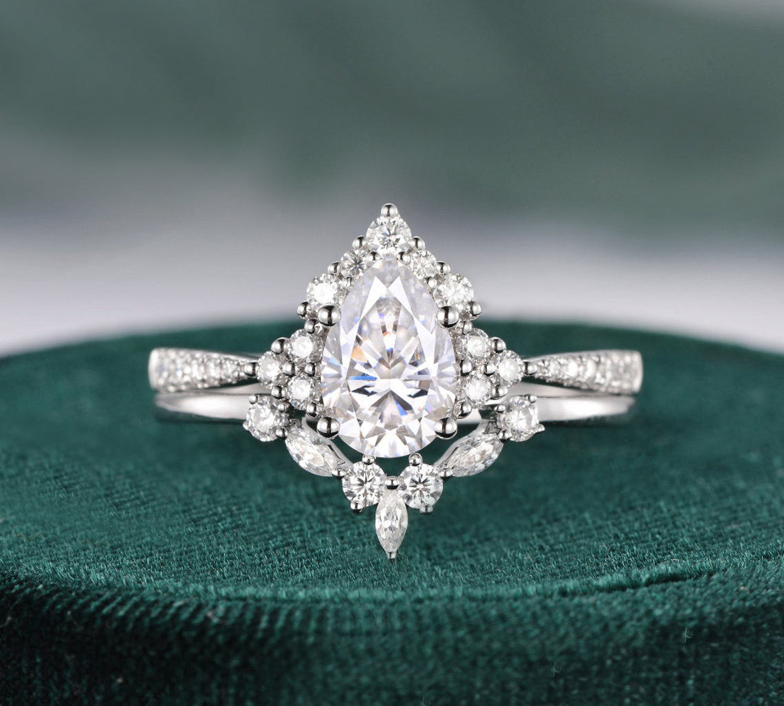 1.50 CT Pear Cut Cluster Art Deco Moissanite Bridal Ring Set 1