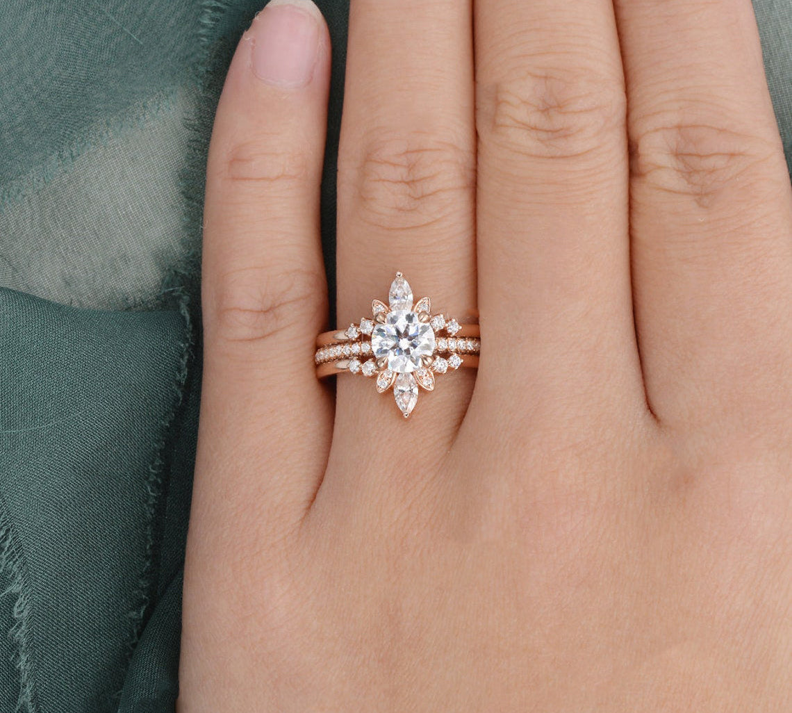 1.0 CT Round Cut Hidden Halo Moissanite Bridal Ring Set 2