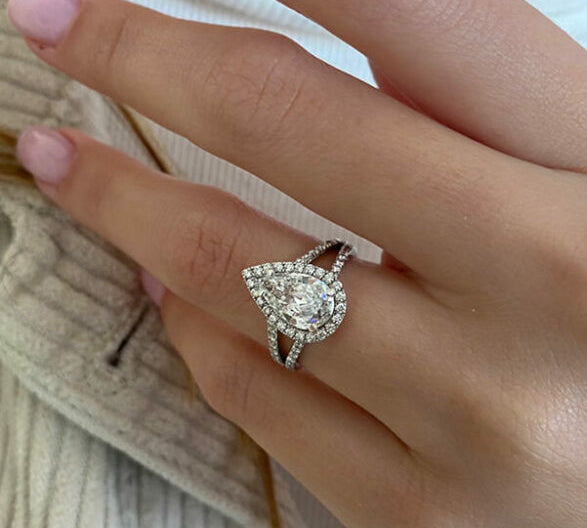 2.25 CT Pear Halo & Split Shank  Moissanite Engagement Ring 1