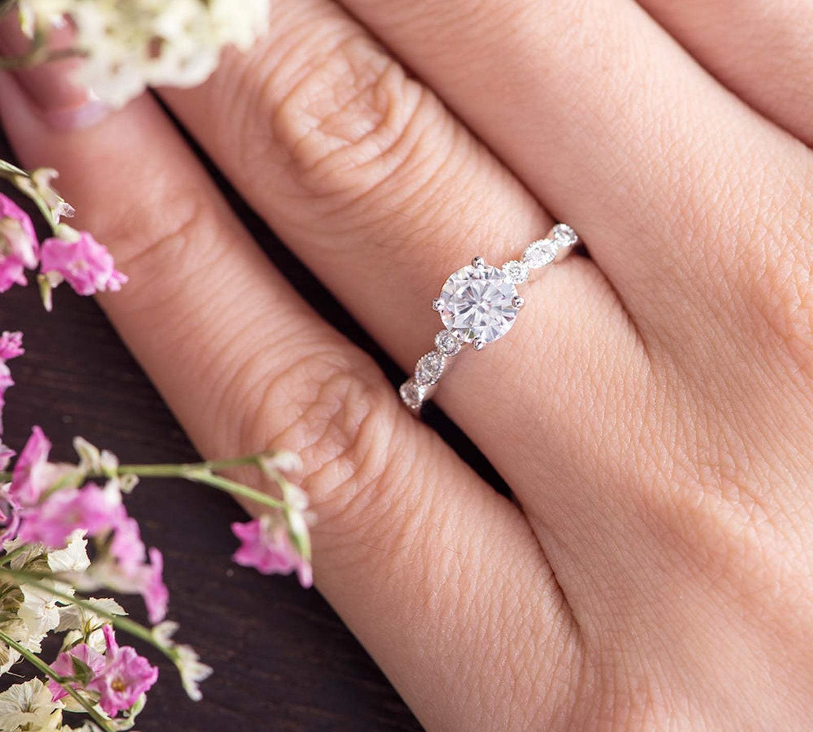 1.35 CT Round Cut Solitaire Milgrain Style Moissanite Engagement Ring 2