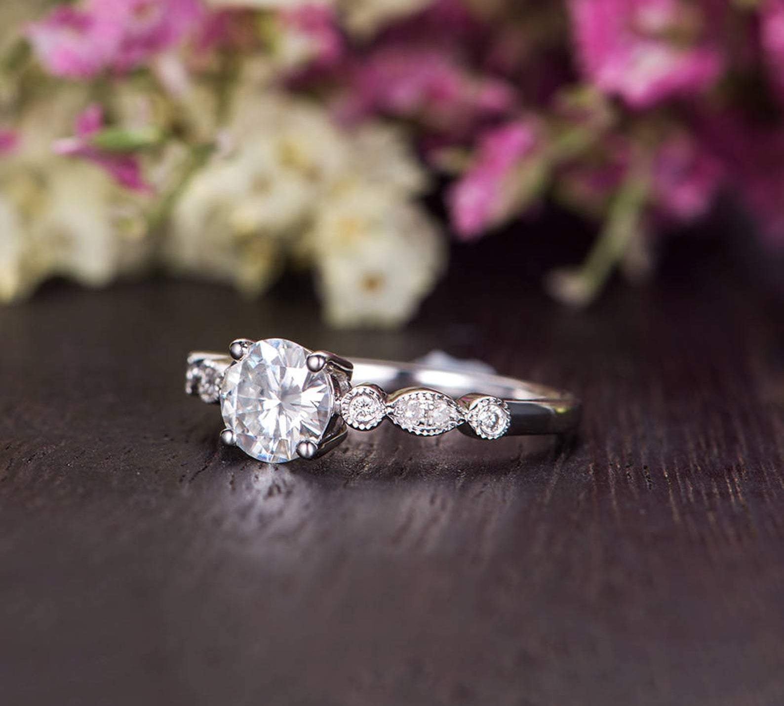 1.35 CT Round Cut Solitaire Milgrain Style Moissanite Engagement Ring 3