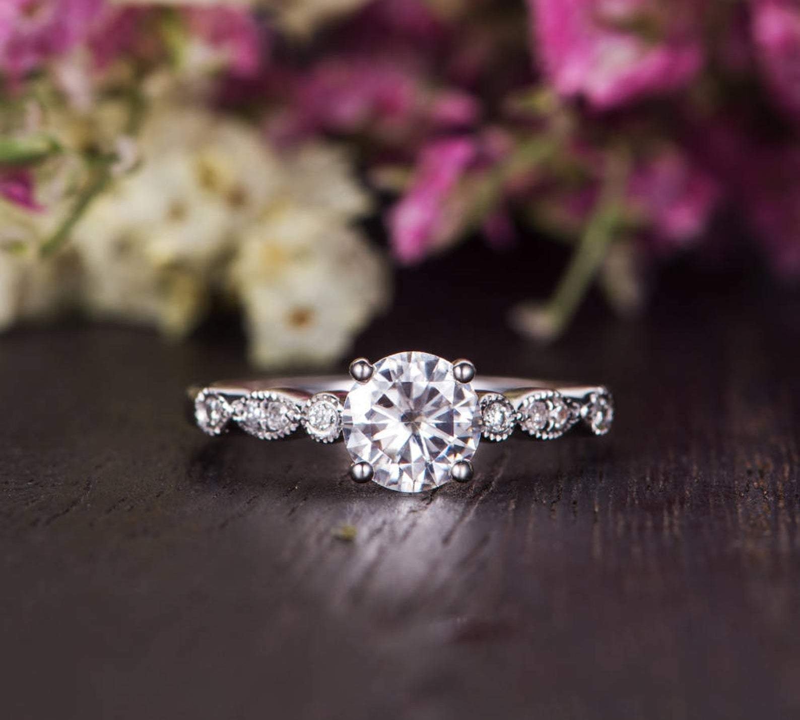 1.35 CT Round Cut Solitaire Milgrain Style Moissanite Engagement Ring 1