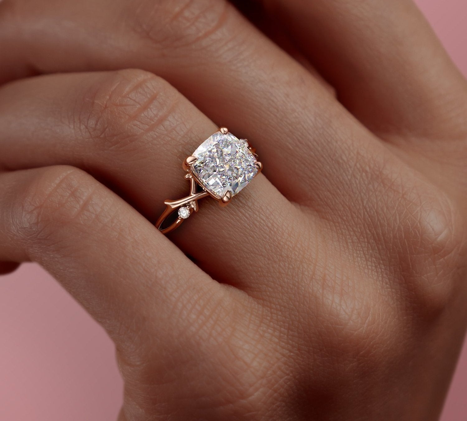 2.54 CT Cushion Cut Twig Style Pave Moissanite Engagement Ring 2