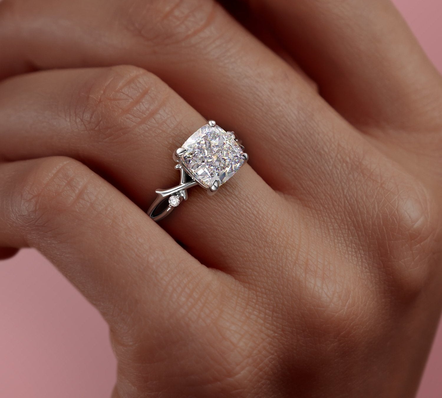 2.54 CT Cushion Cut Twig Style Pave Moissanite Engagement Ring 1