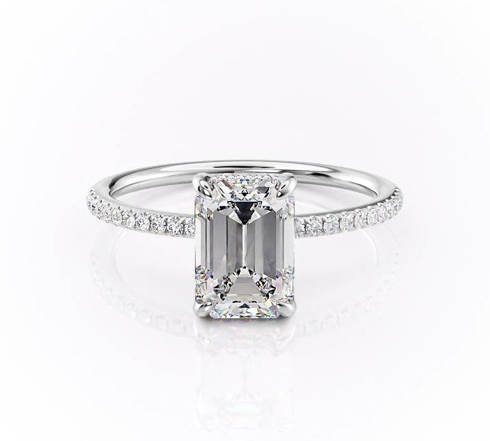2.10 CT Emerald Cut Hidden Halo Pave Setting Moissanite Engagement Ring 10