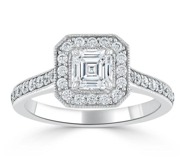 1.05 CT Asscher Cut Halo Pave Setting Moissanite Engagement Ring 2