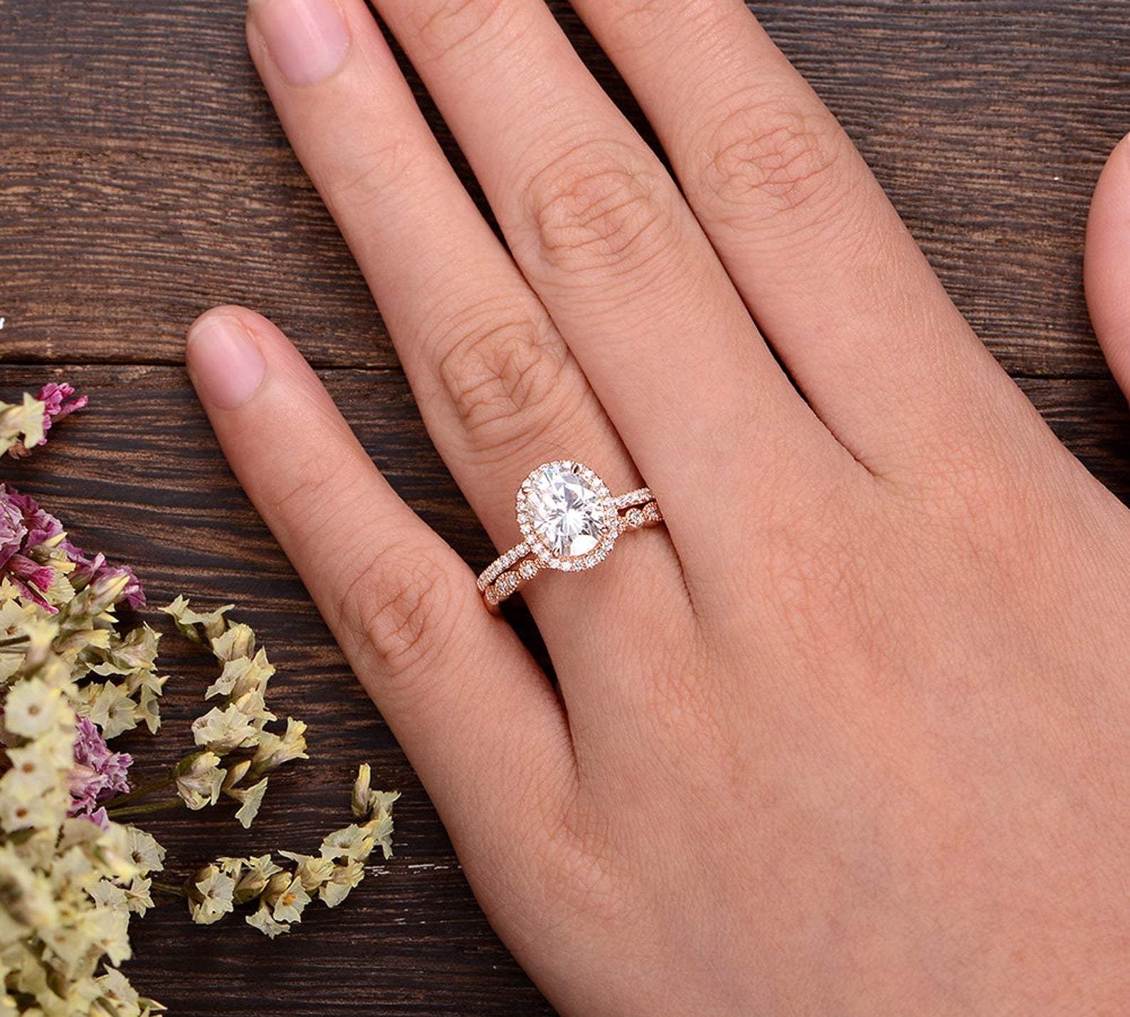 1.50 CT Oval Cut Halo Moissanite Bridal Ring Set 2