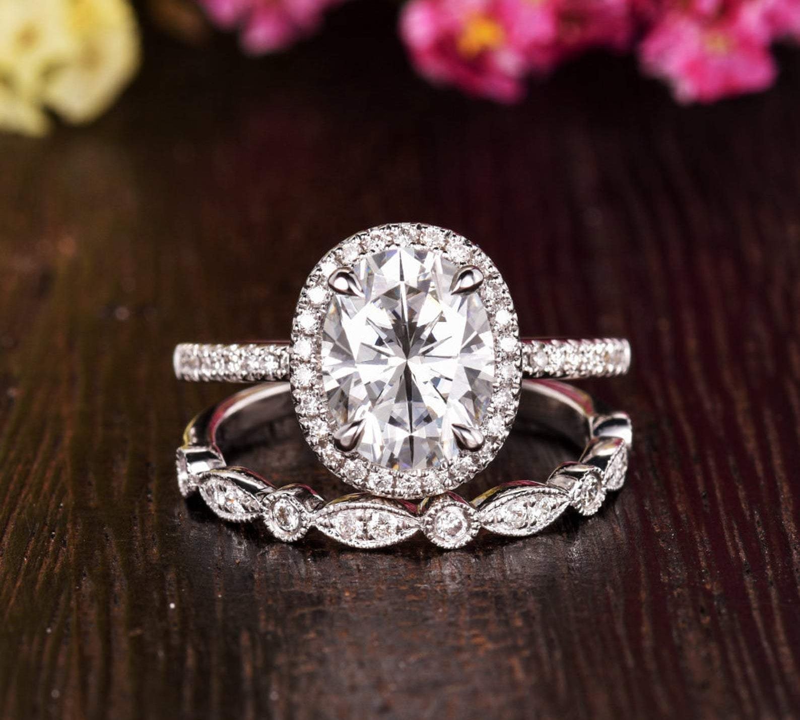 1.50 CT Oval Cut Halo Moissanite Bridal Ring Set 1