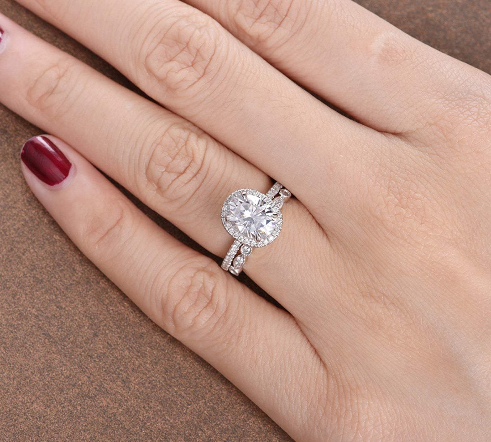 1.50 CT Oval Cut Halo Moissanite Bridal Ring Set 3