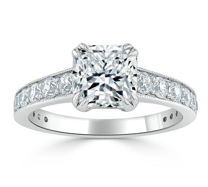 1.5 CT Cushion Cut Solitaire Channel Pave Moissanite Engagement Ring 2