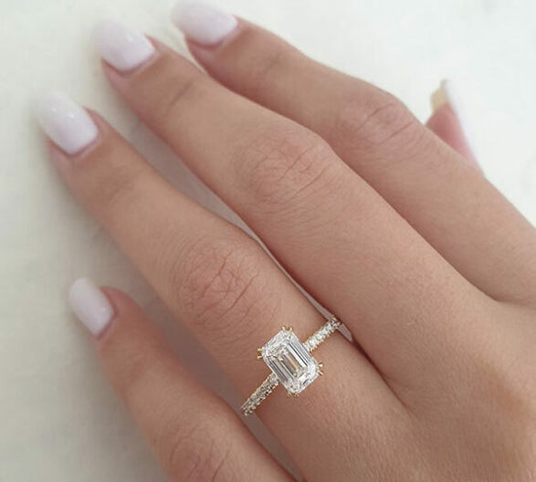 1.55 CT Emerald Solitaire & Pave Setting Moissanite Engagement Ring 1