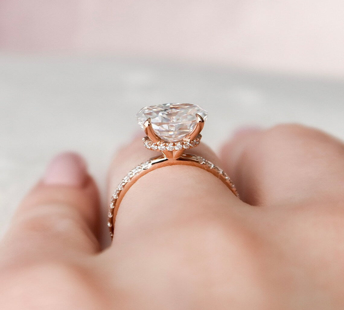 2.5 CT East West Oval Hidden Halo Pave Moissanite Engagement Ring 3