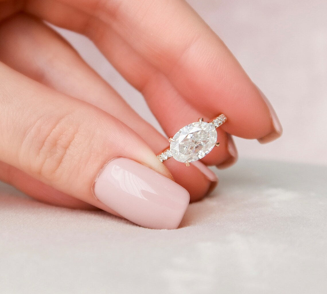 2.5 CT East West Oval Hidden Halo Pave Moissanite Engagement Ring 2