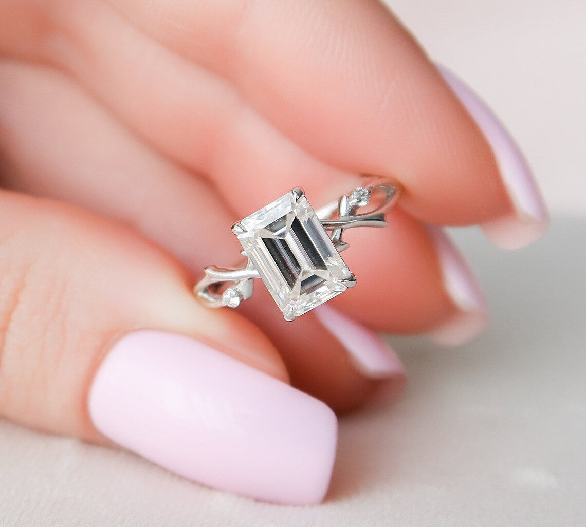 2.0 CT Emerald Twig Pave Moissanite Engagement Ring 1