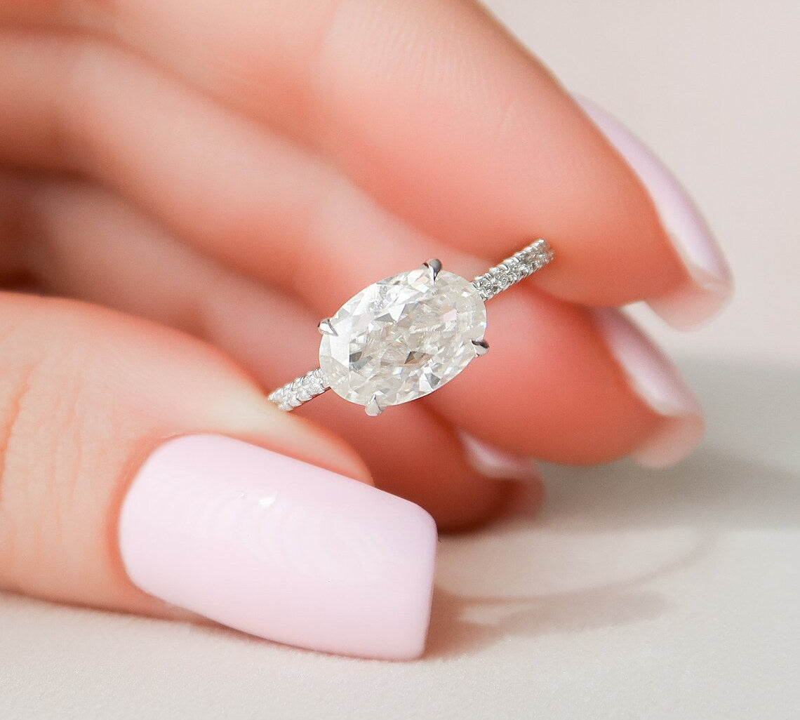 2.5 CT East West Oval Hidden Halo Pave Moissanite Engagement Ring 1