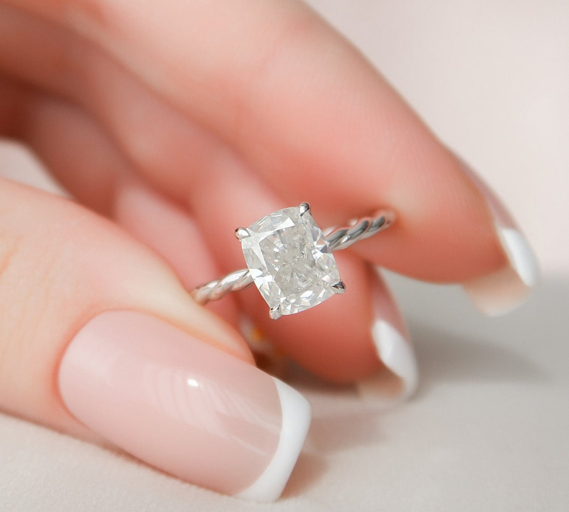 2.0 CT Cushion Twisted Band & Hidden Halo Moissanite Engagement Ring 1