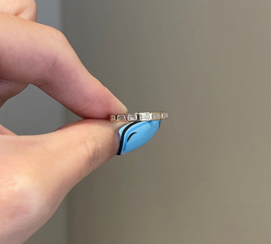 0.90 TCW Emerald Shaped Moissanite Bezel Half Eternity Wedding Band 1