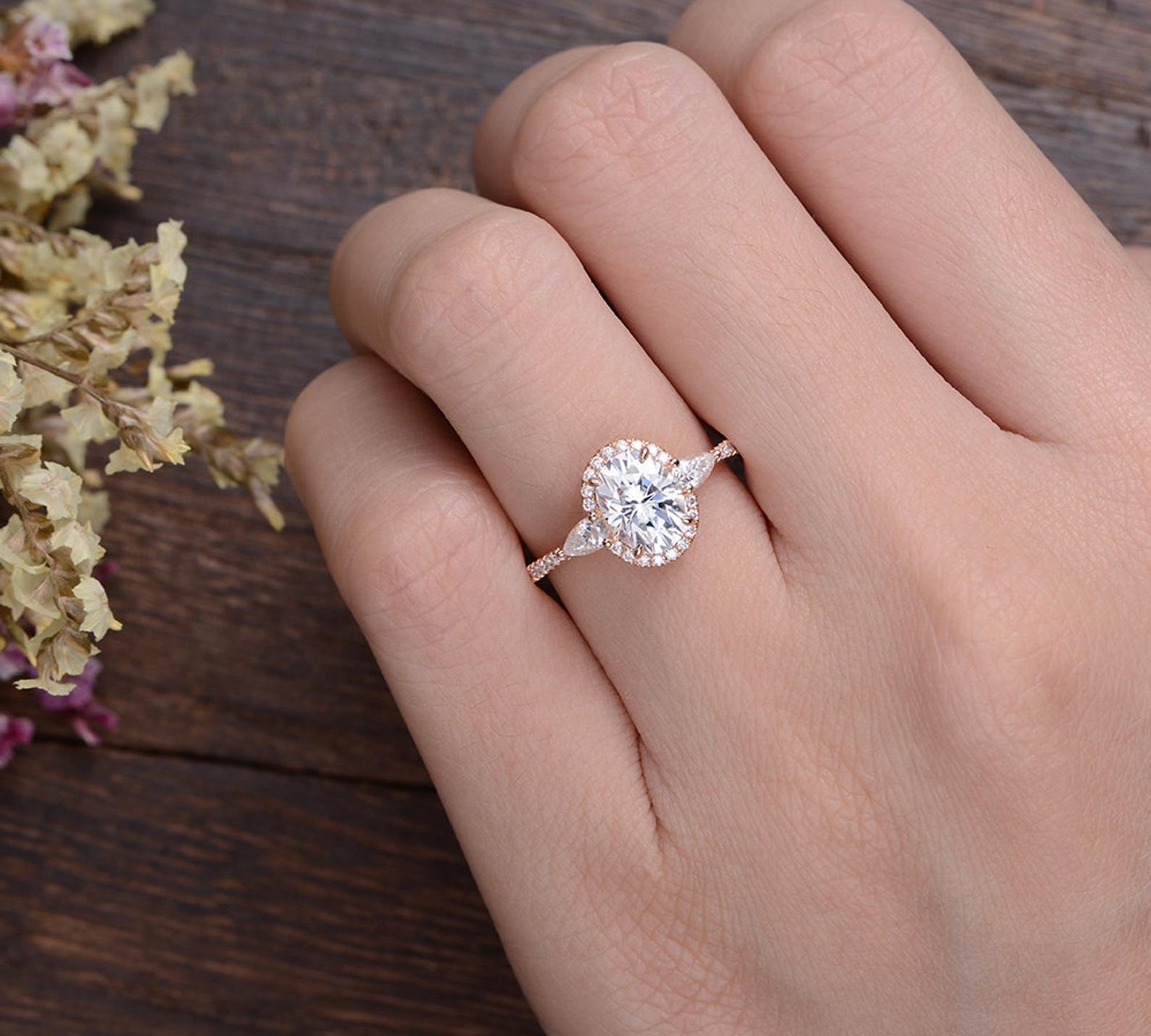 0.75 CT Oval Halo Three Stone Moissanite Engagement Ring 2