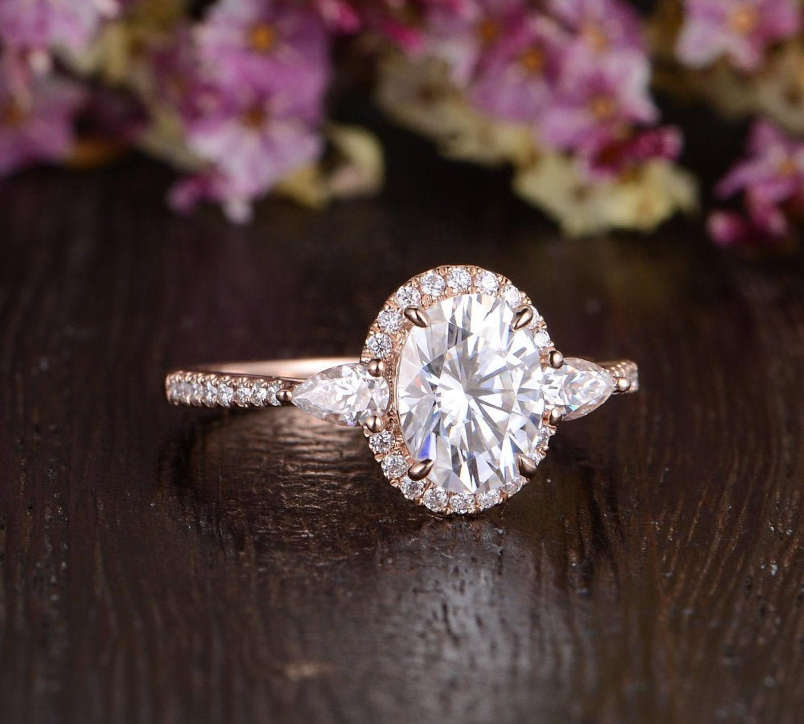 0.75 CT Oval Halo Three Stone Moissanite Engagement Ring 3