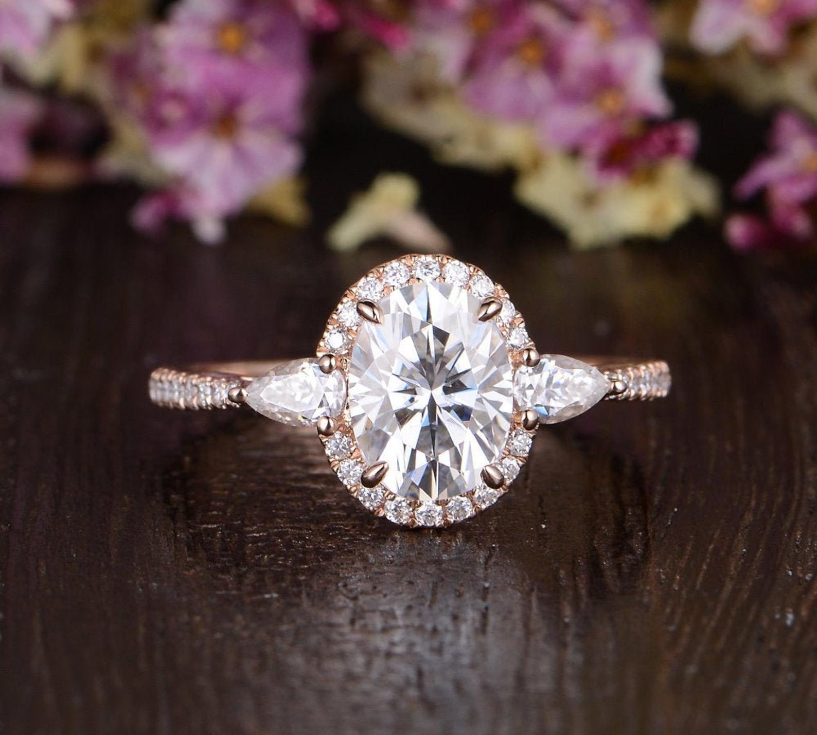 0.75 CT Oval Halo Three Stone Moissanite Engagement Ring 1