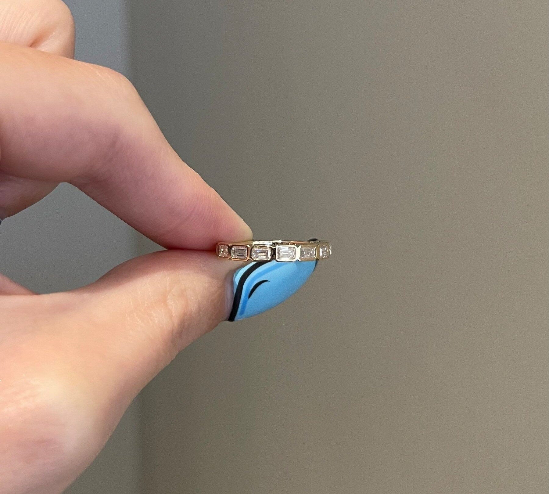 0.90 TCW Emerald Shaped Moissanite Bezel Half Eternity Wedding Band 2