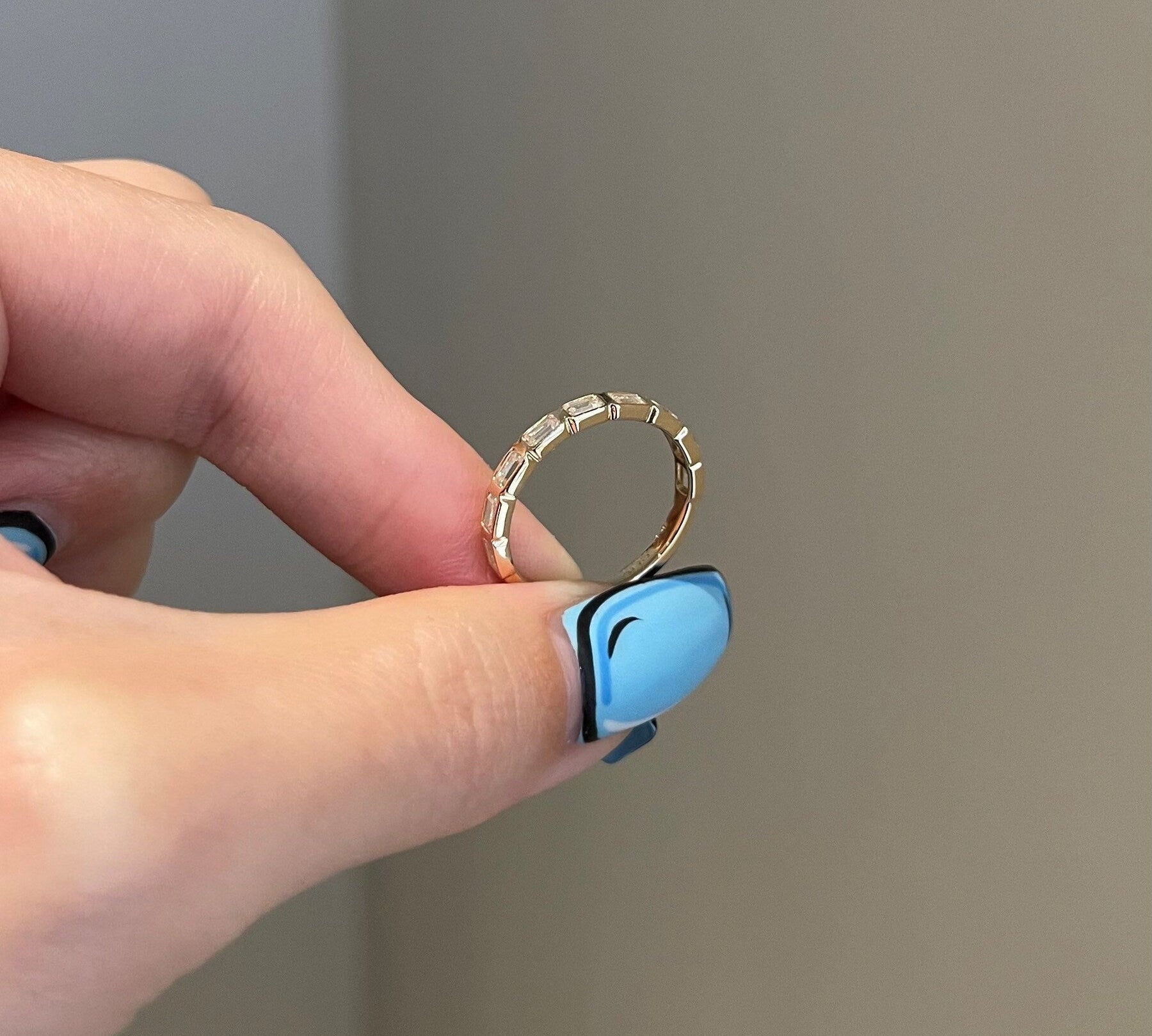 0.90 TCW Emerald Shaped Moissanite Bezel Half Eternity Wedding Band 3