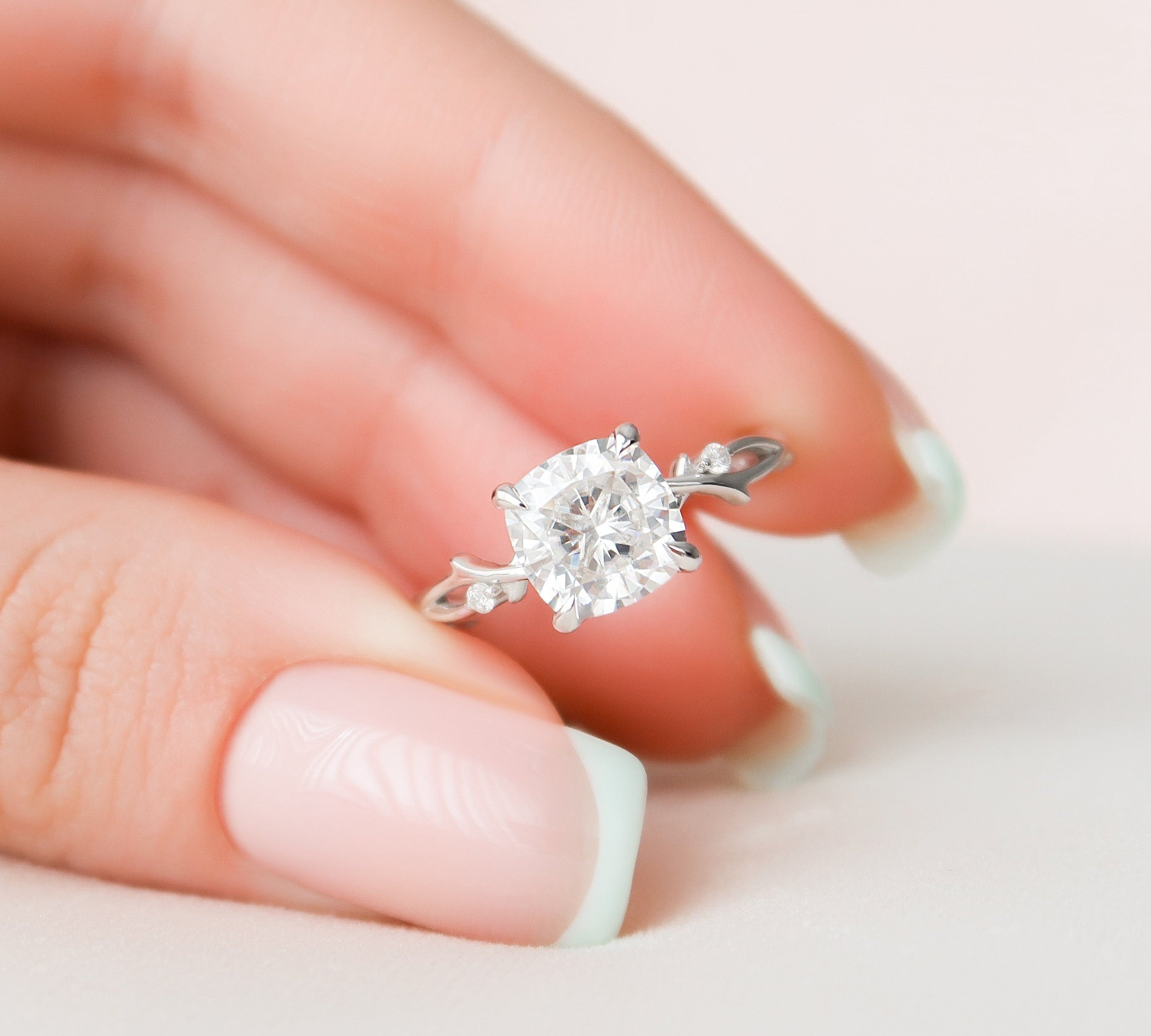 2.0 CT Cushion Twig Style Moissanite Engagement Ring 1