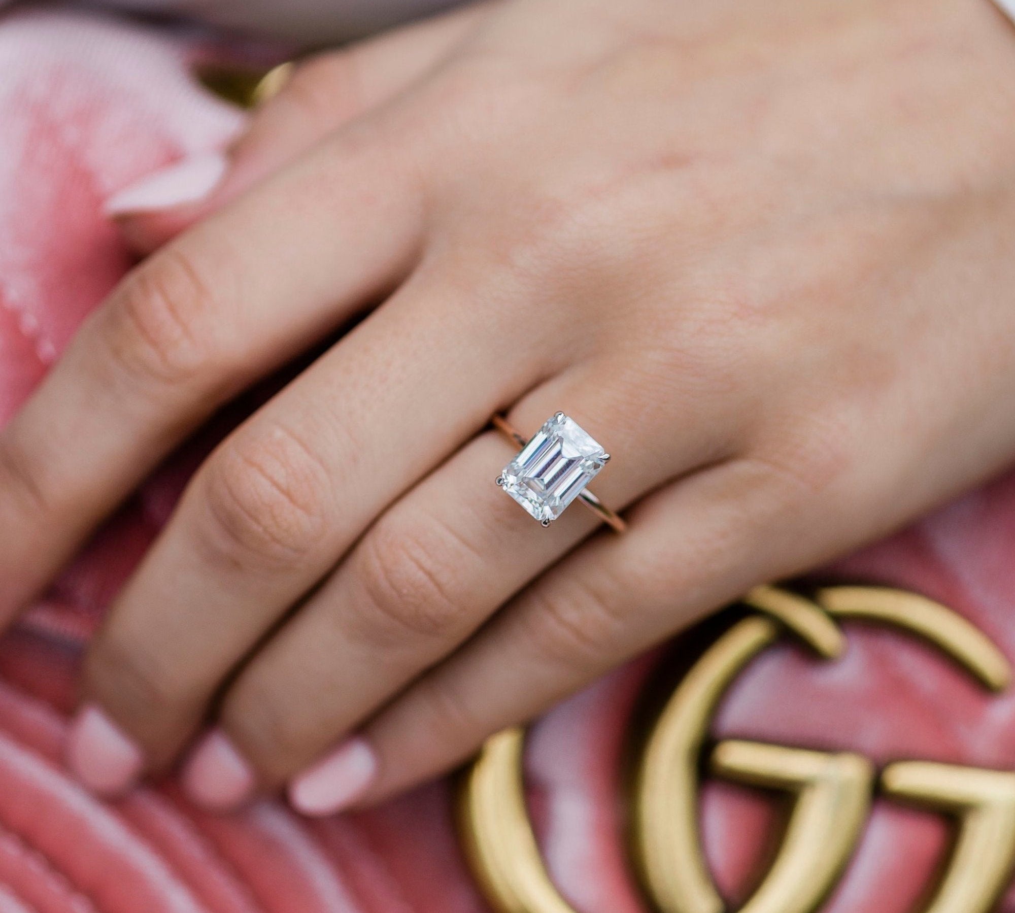 3.50 CT Emerald Solitaire Hidden Halo Moissanite Engagement Ring With 1