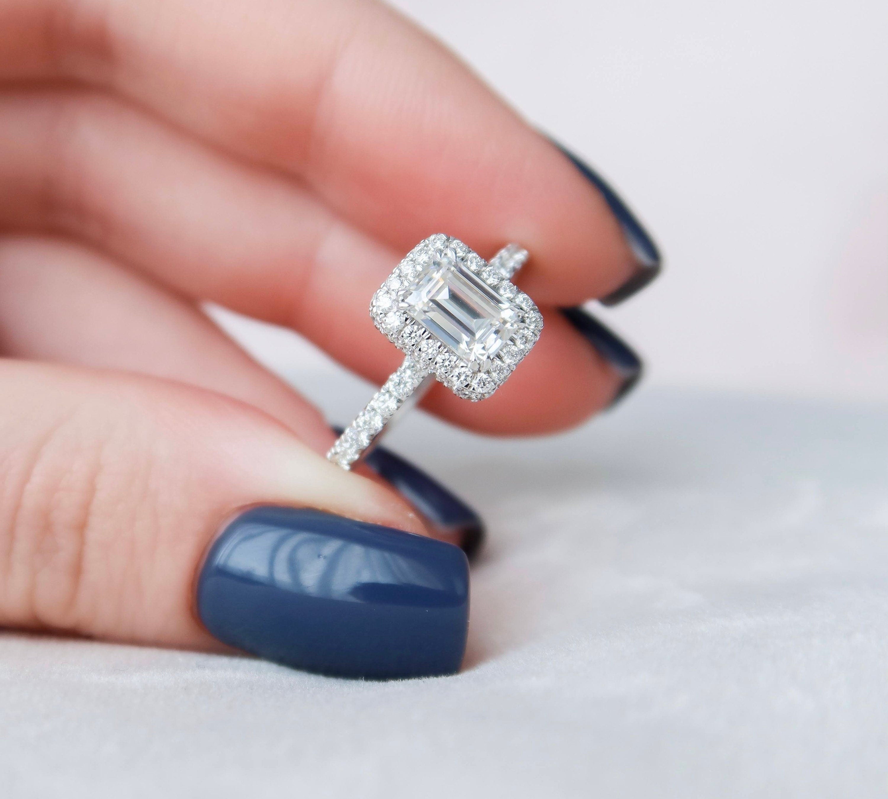 1.0 CT Emerald Halo Style Moissanite Engagement Ring 1