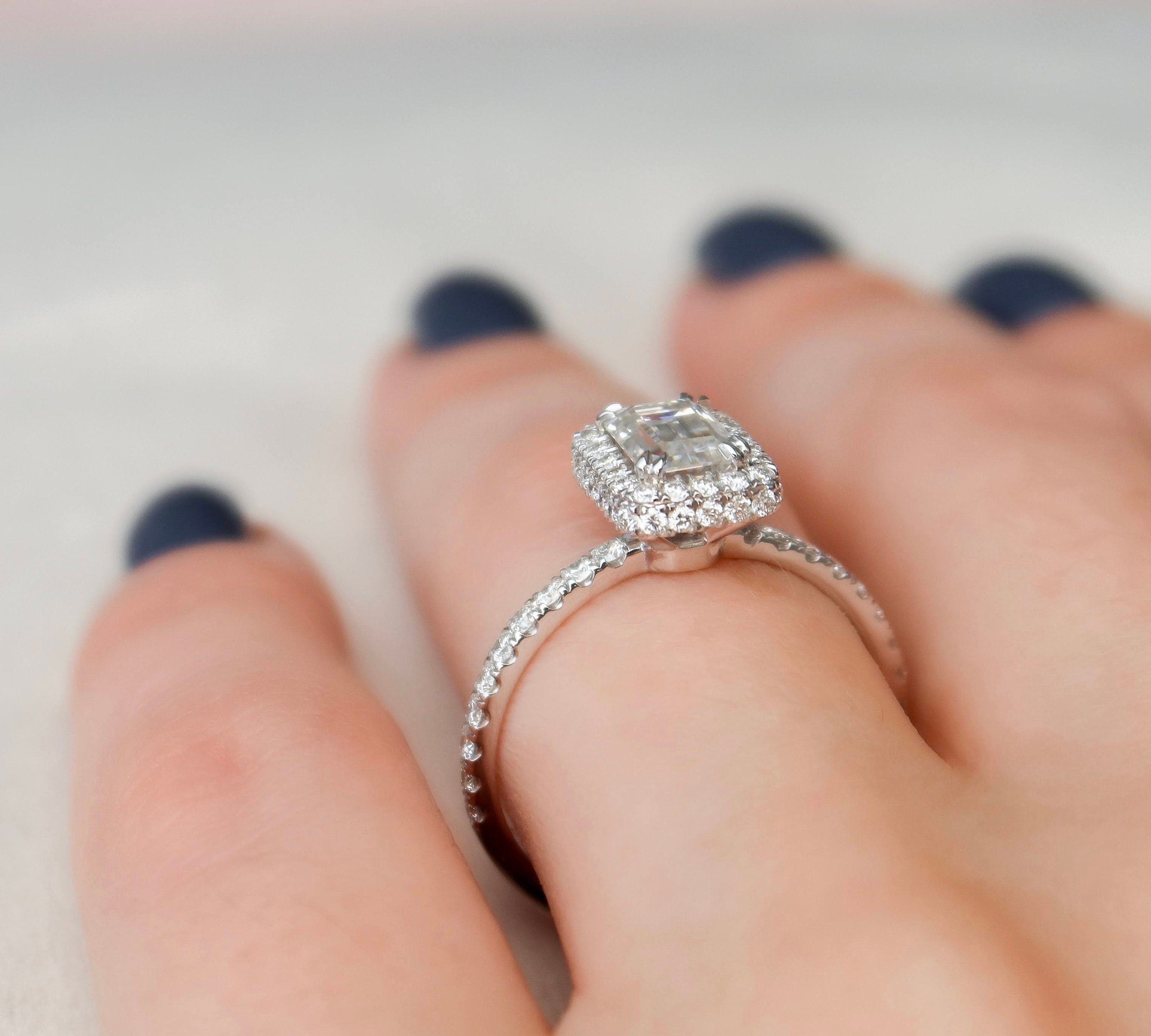 1.0 CT Emerald Halo Style Moissanite Engagement Ring 3