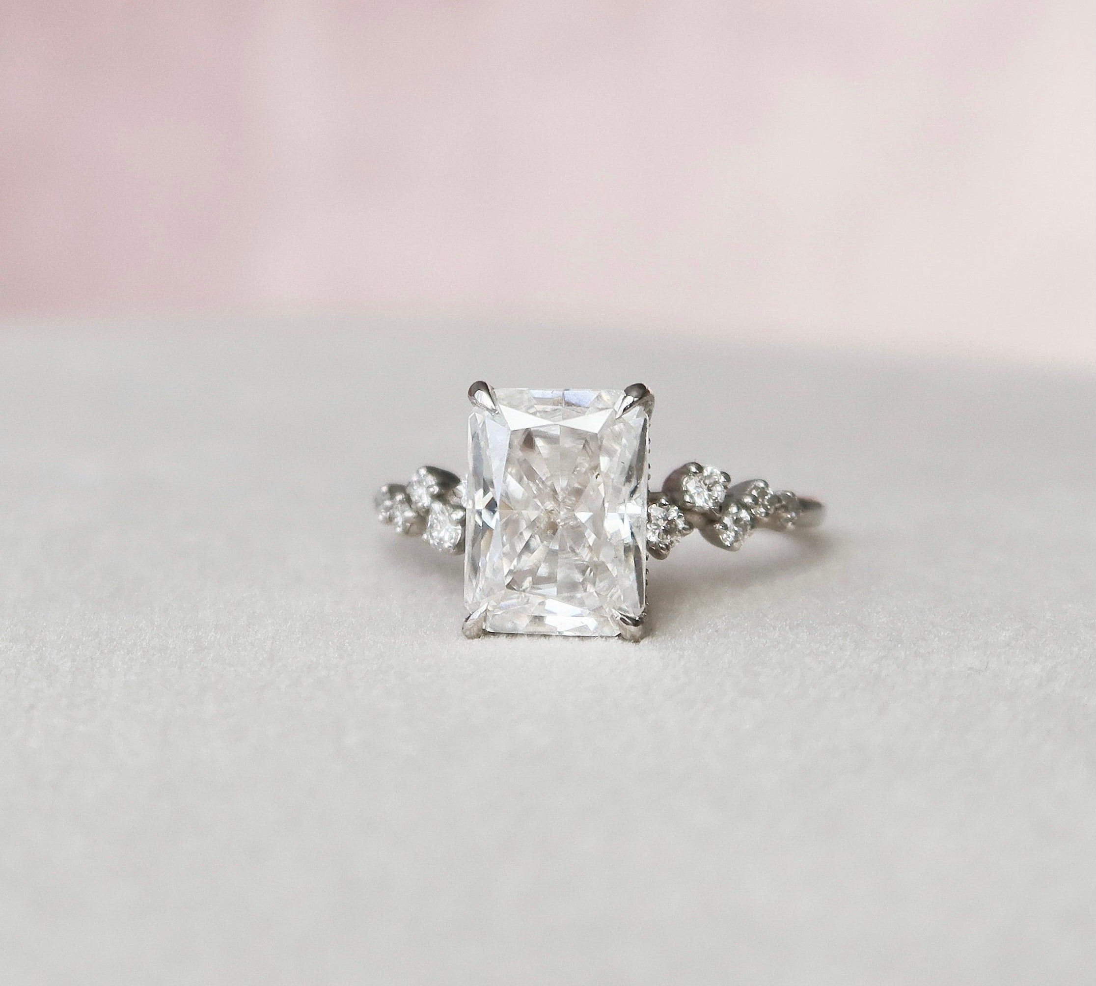 3.5 CT Radiant Cut Cluster Style Moissanite Engagement Ring 2