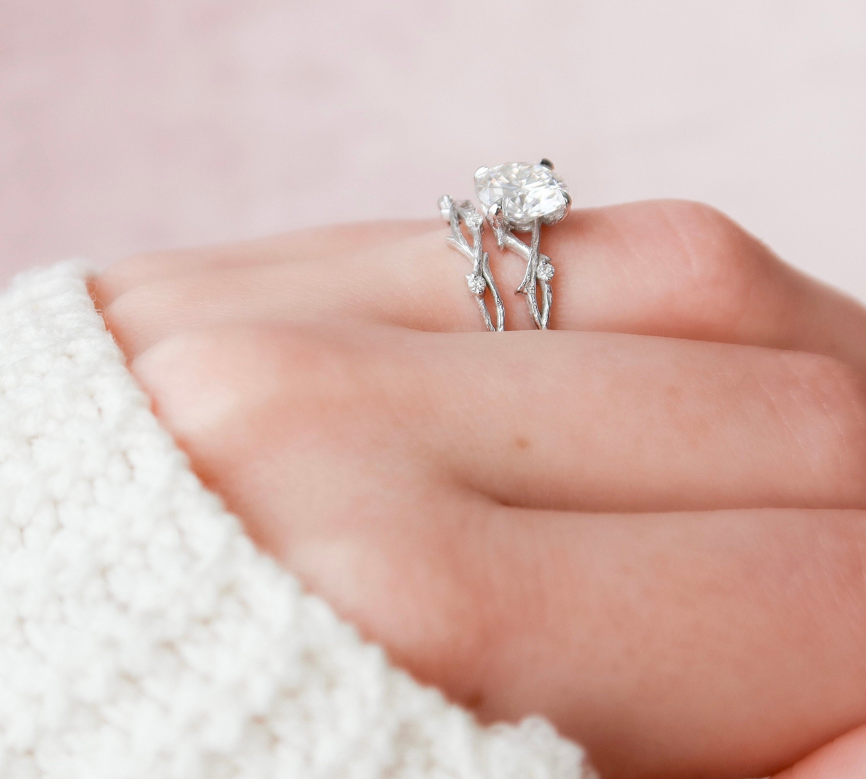 2.0 CT Round Cut Twig Pave Setting Moissanite Engagement Ring 2