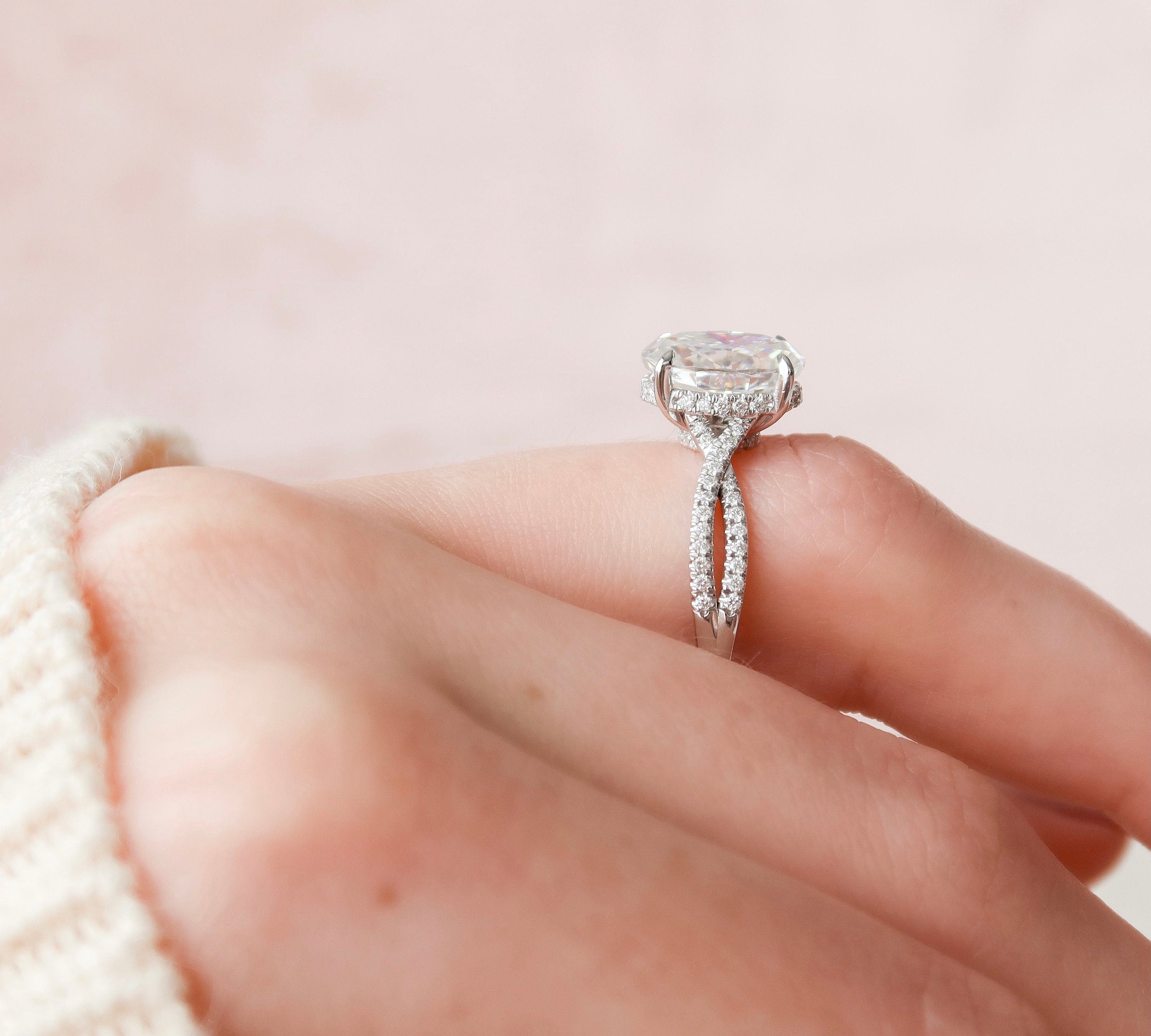 3.0 CT Oval Cut Solitaire & Cross Over Pave Moissanite Engagement Ring 3