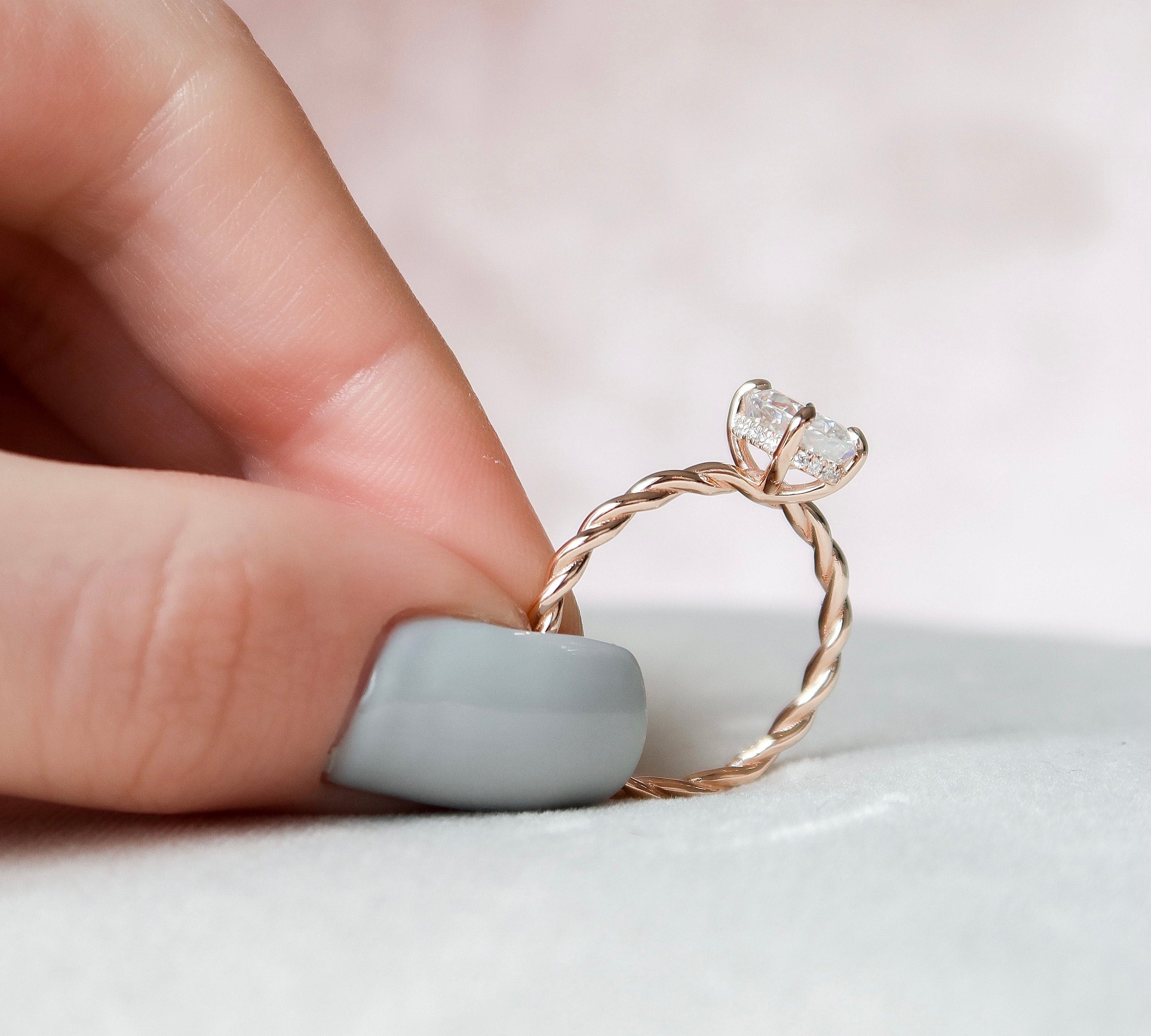 1.5 CT Oval Hidden Halo Moissanite Engagement Ring With Twisted Band 2