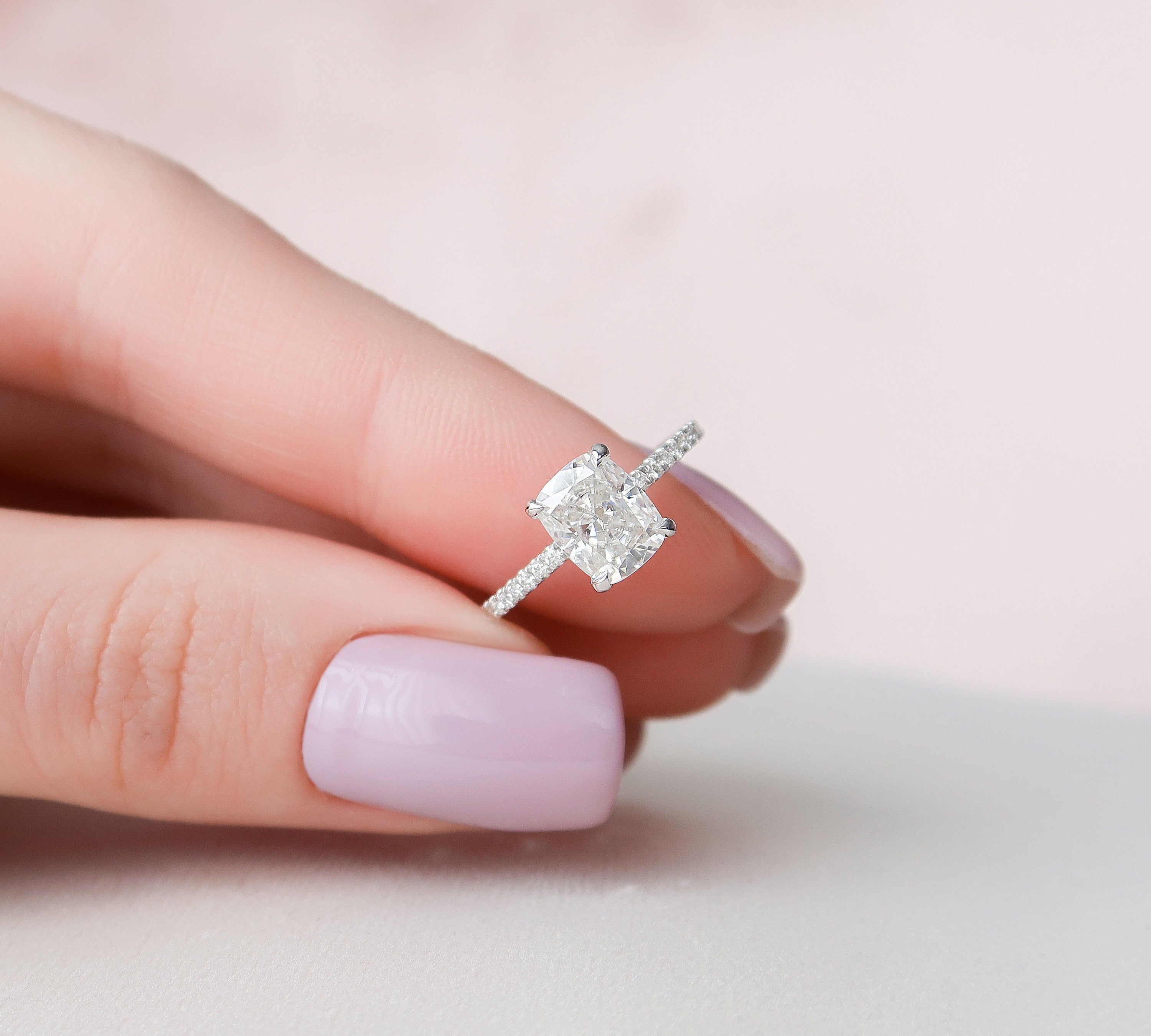 1.5 CT Cushion Hidden Halo Pave Moissanite Engagement Ring 1