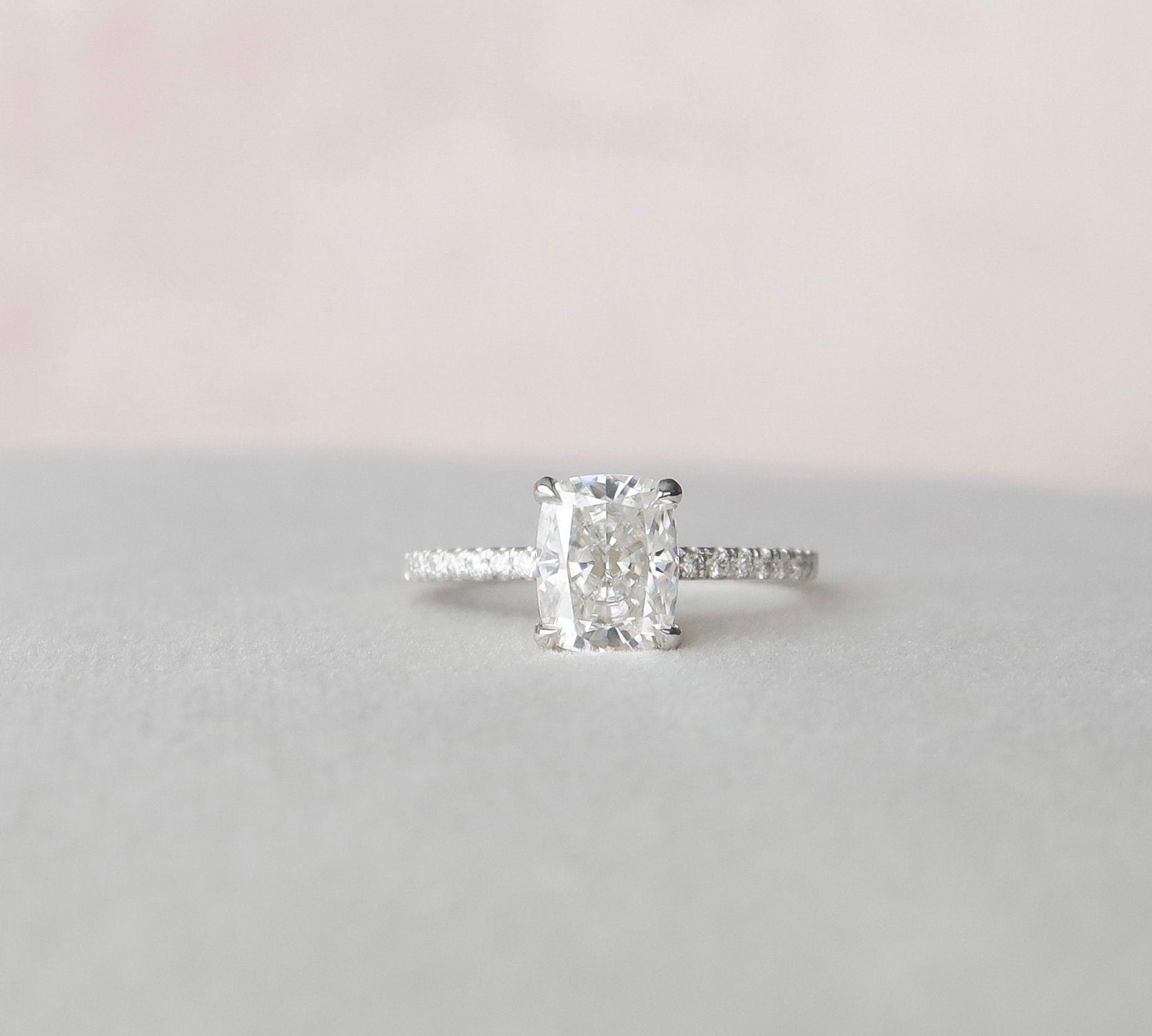 1.5 CT Cushion Hidden Halo Pave Moissanite Engagement Ring 2