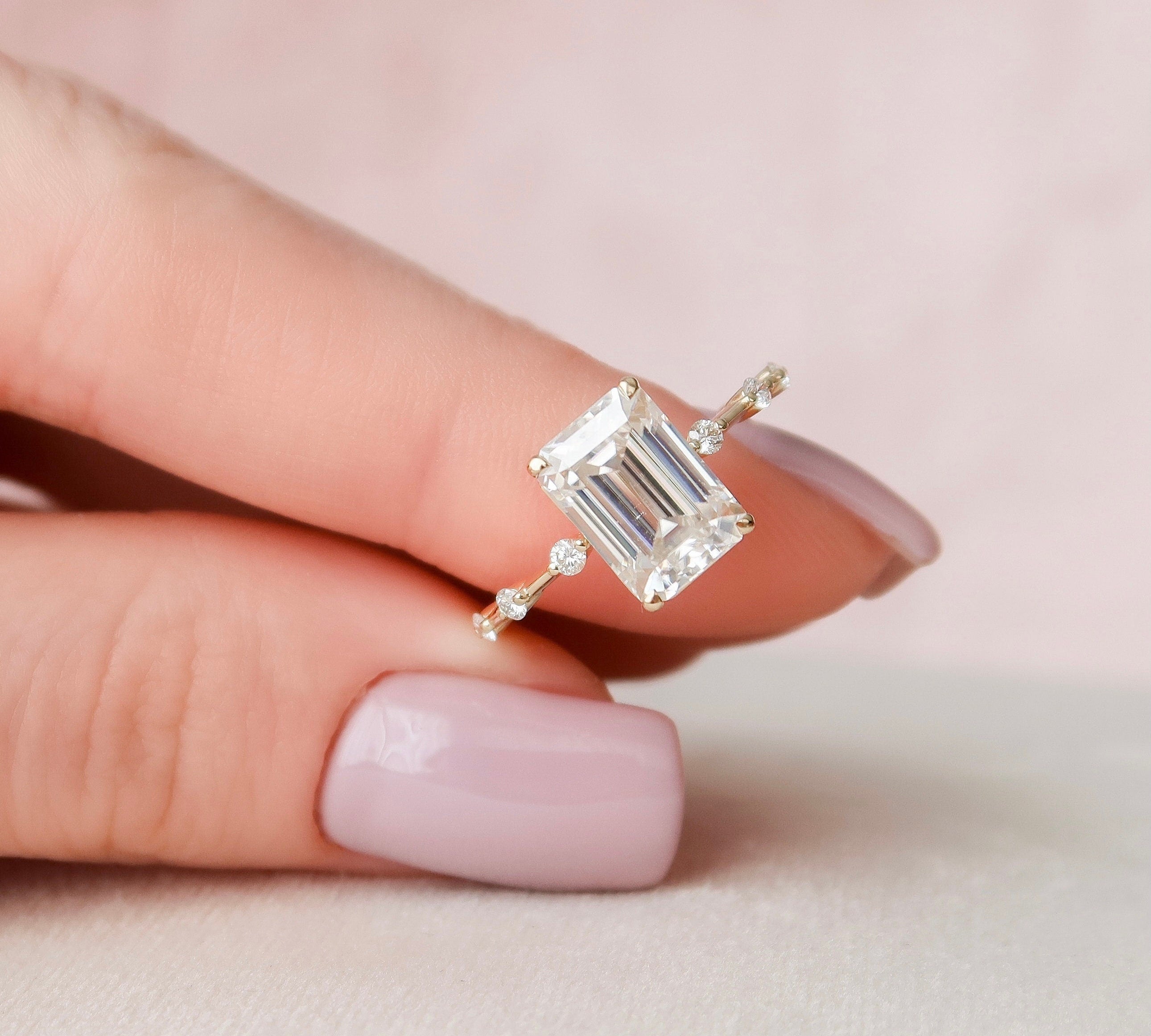 3.0 CT Emerald Cut Dainty Style Pave Moissanite Engagement Ring 1