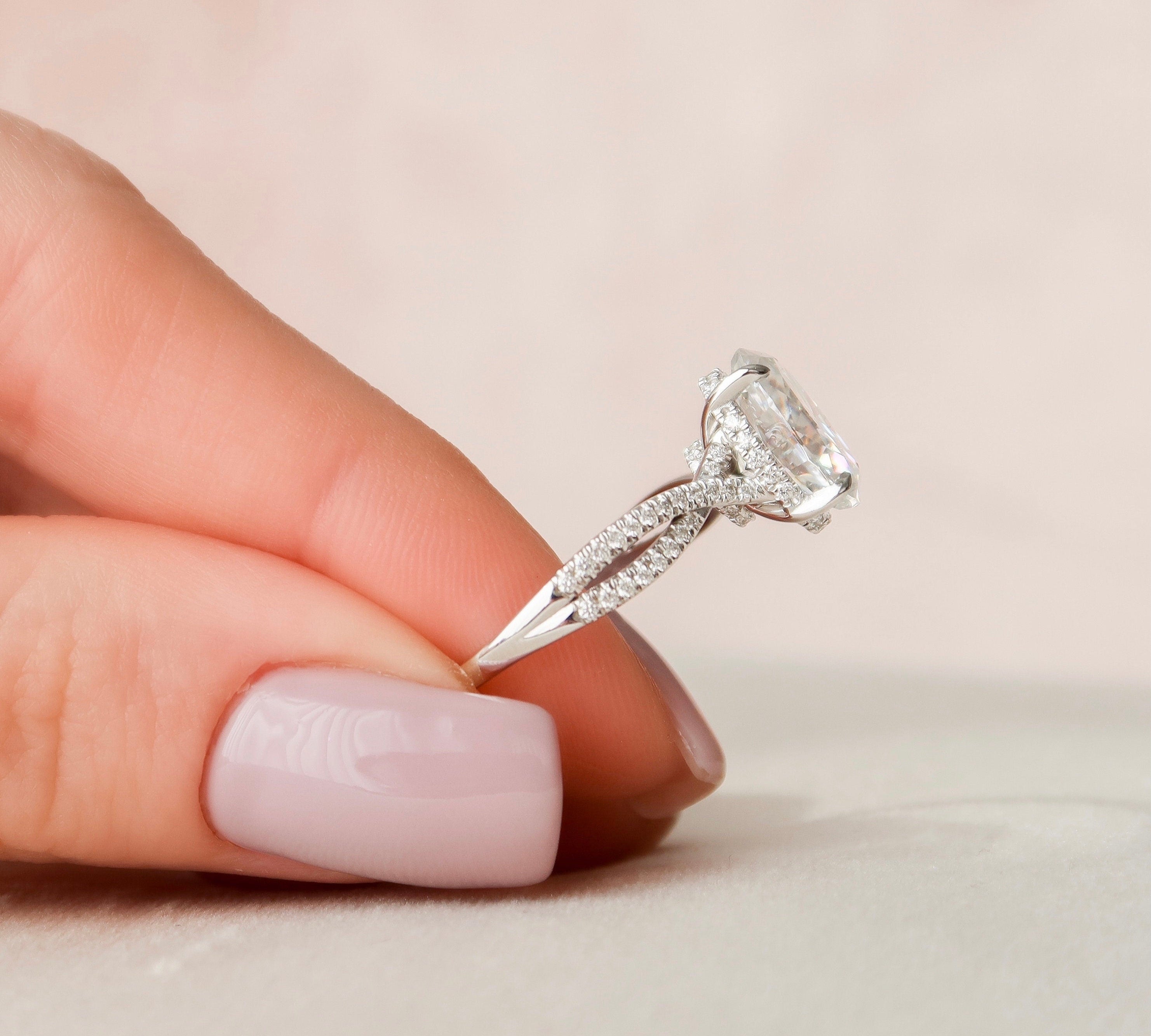 3.0 CT Oval Cut Solitaire & Cross Over Pave Moissanite Engagement Ring 2