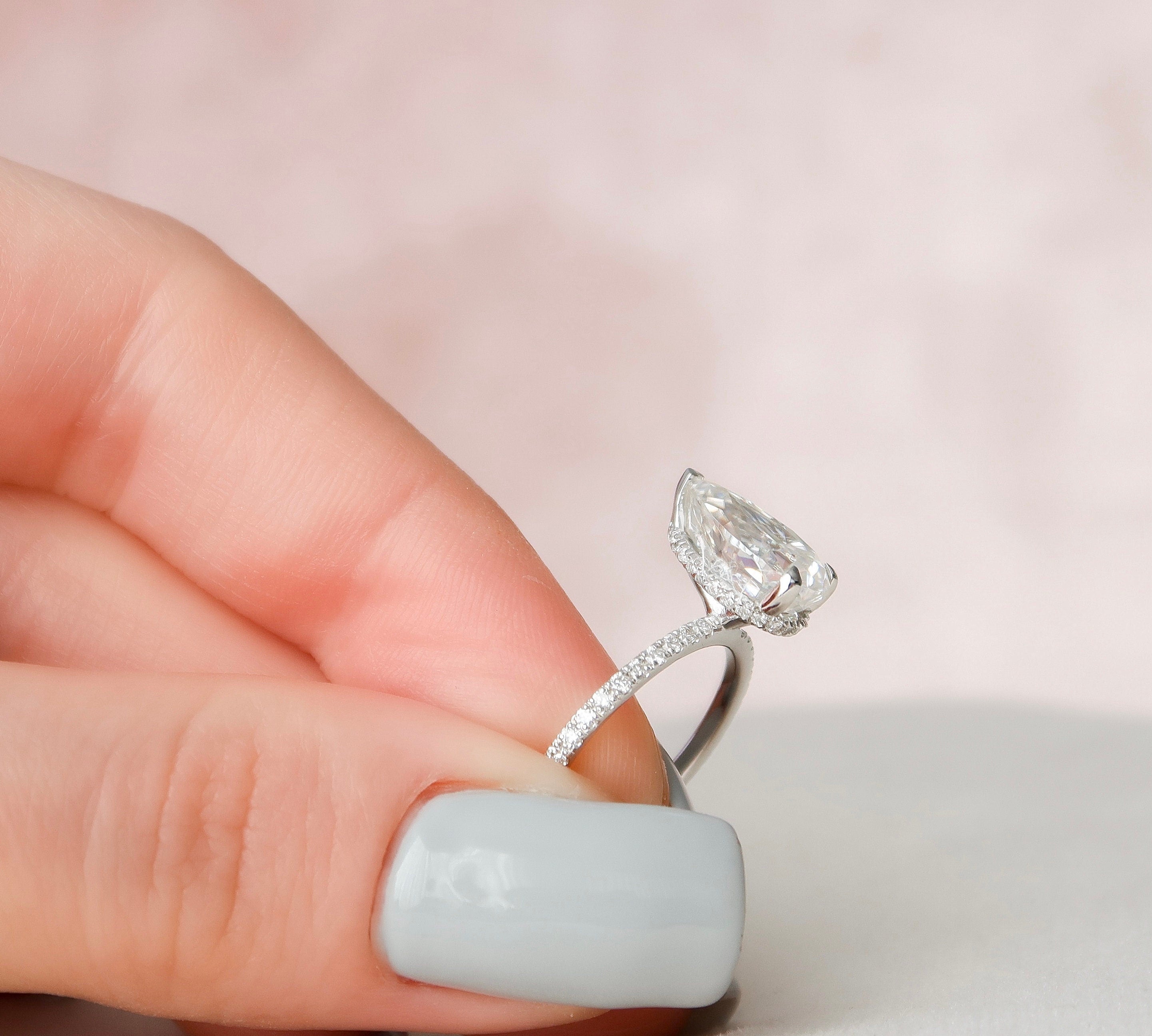 2.0 CT Pear Cut Pave & Hidden Halo Style Moissanite Engagement Ring 3