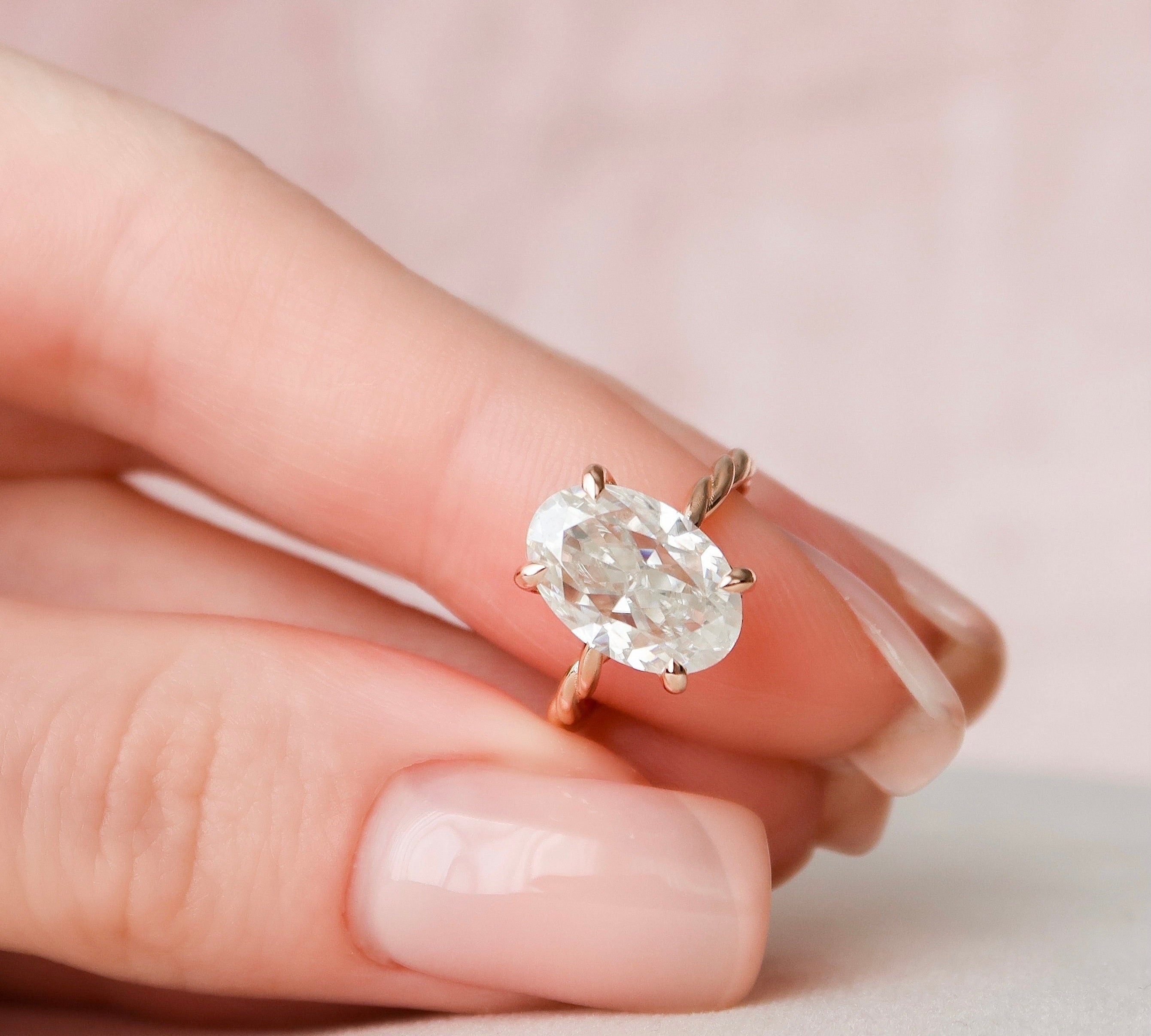 3.5 CT Oval Twisted Band and Hidden Halo Moissanite Engagement Ring 1