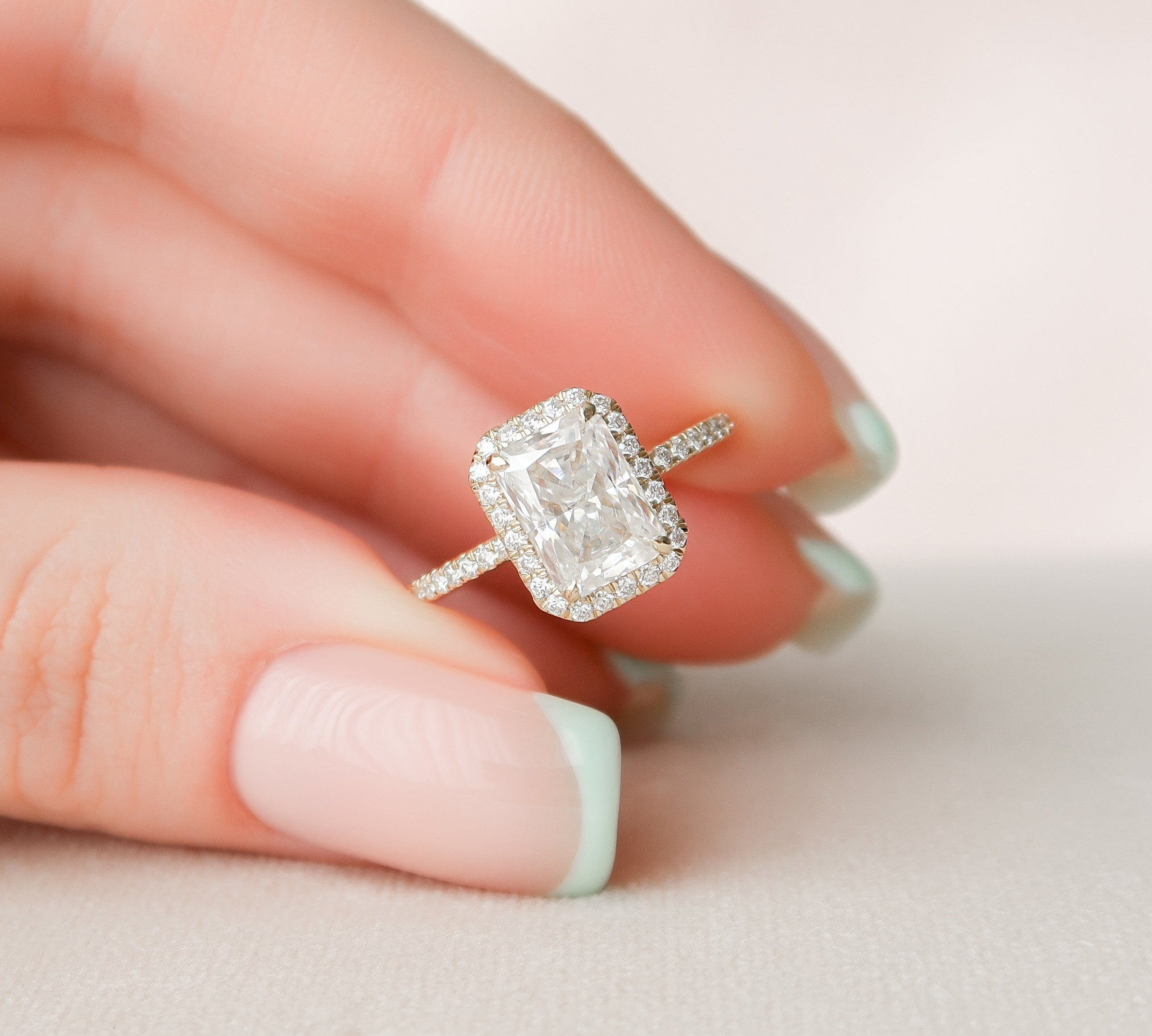 2.0 CT Radiant Halo Pave Moissanite Engagement Ring 1