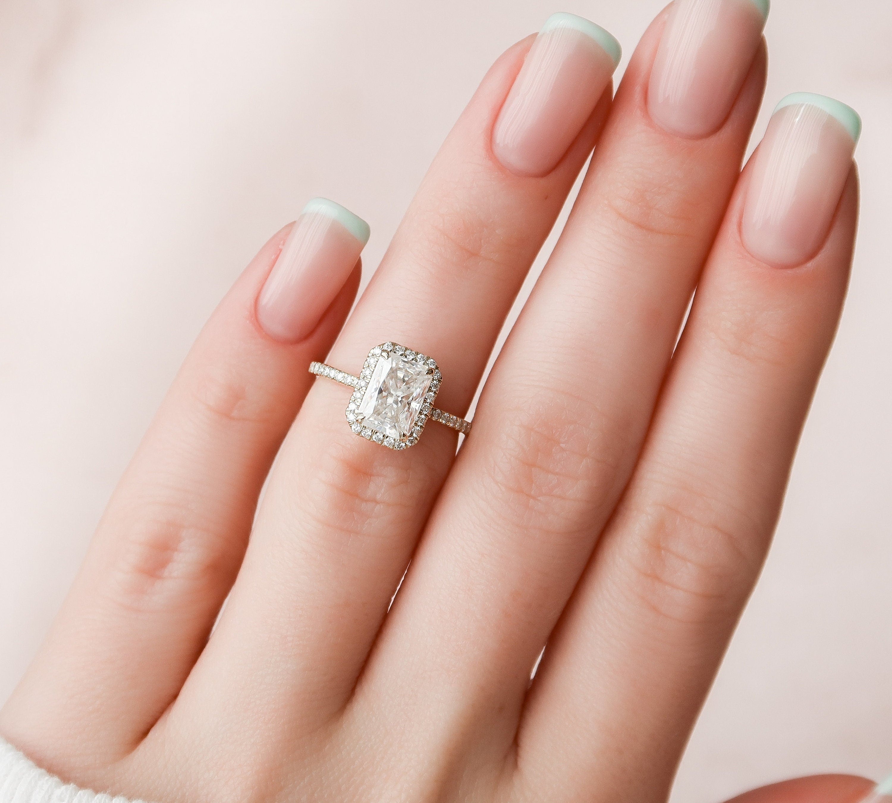 2.0 CT Radiant Halo Pave Moissanite Engagement Ring 2