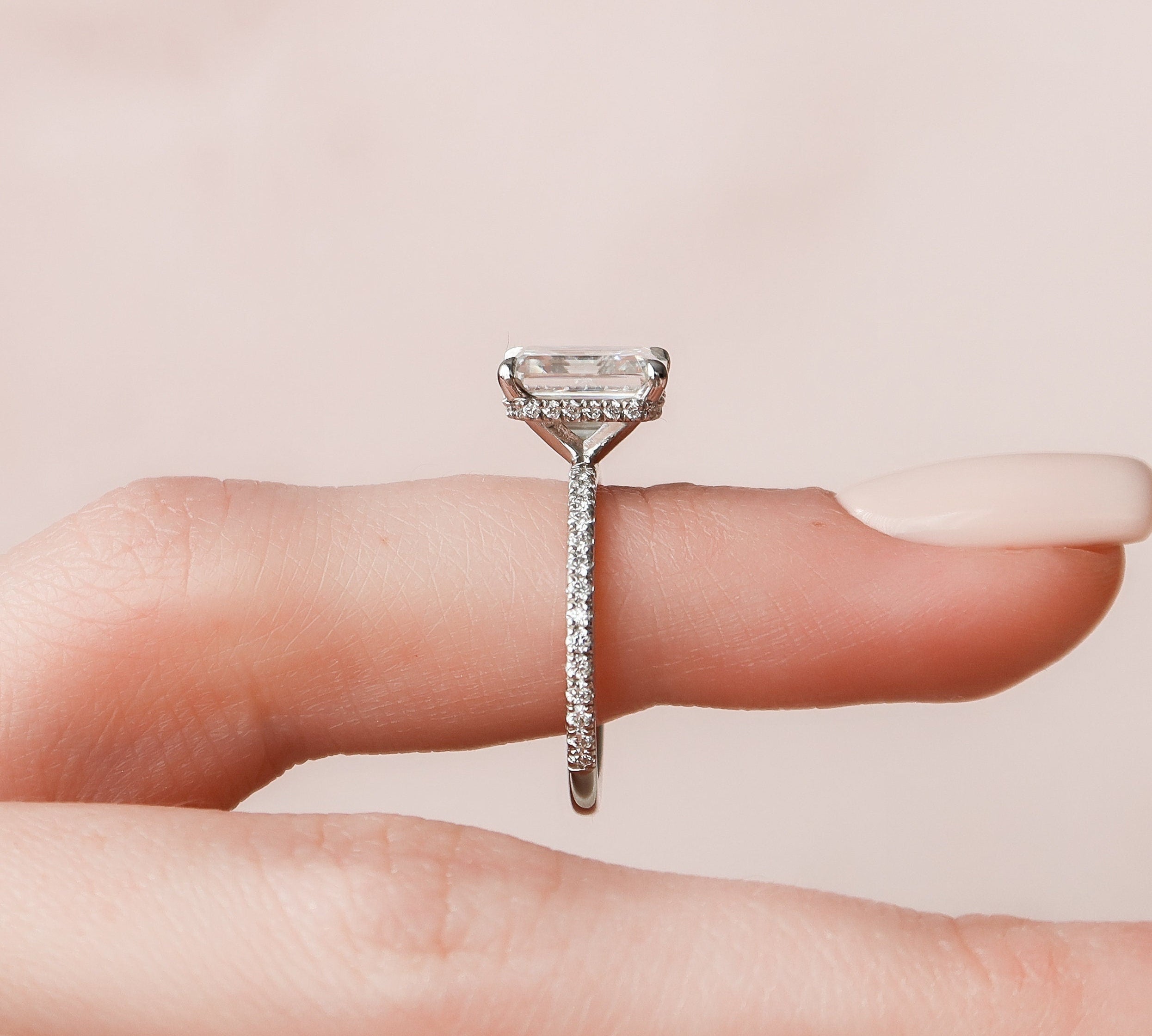 2.5 CT Emerald Hidden Halo & Pave Moissanite Engagement Ring 3