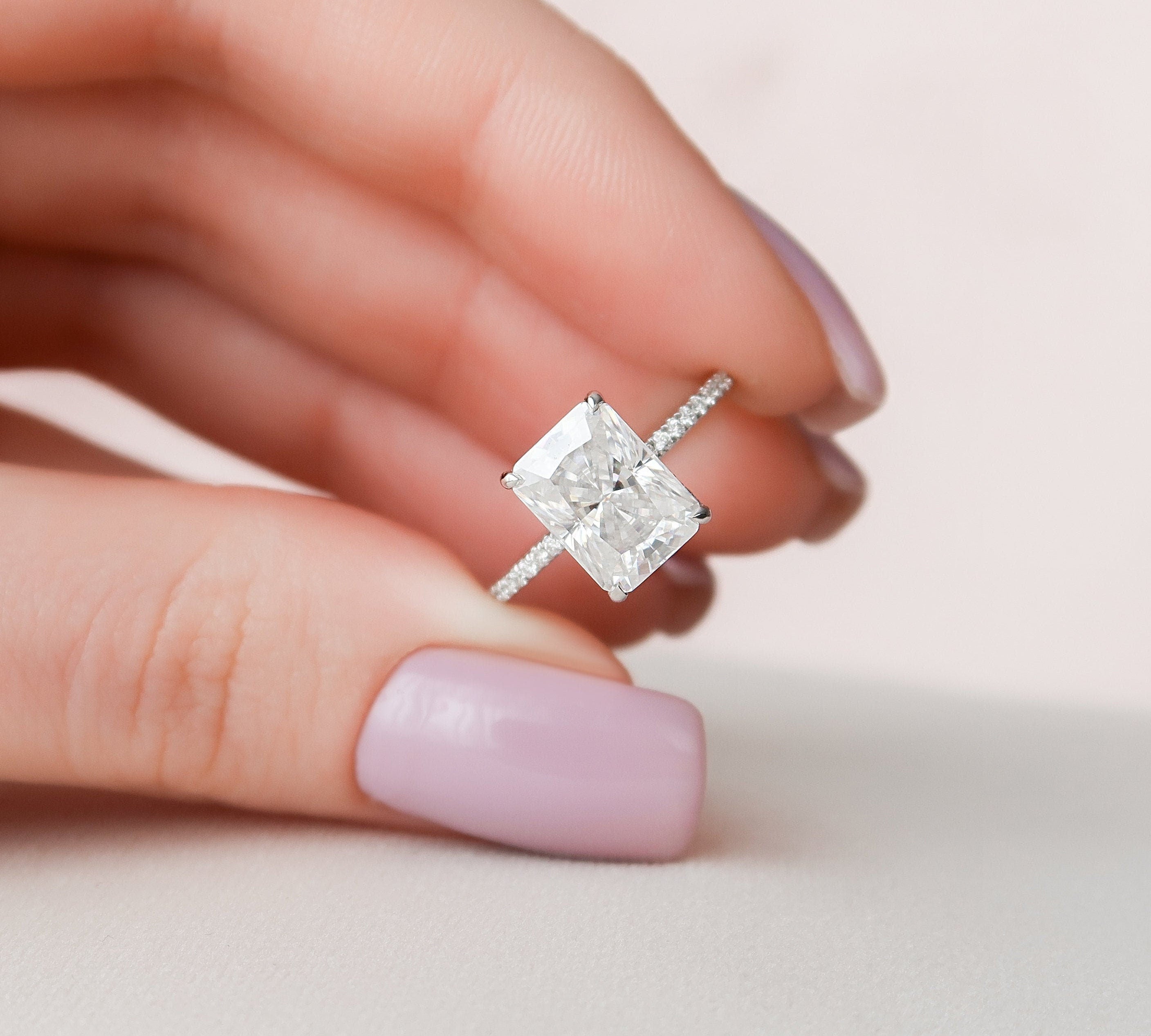 3.5 CT Radiant Solitaire & Pave Moissanite Engagement Ring 1